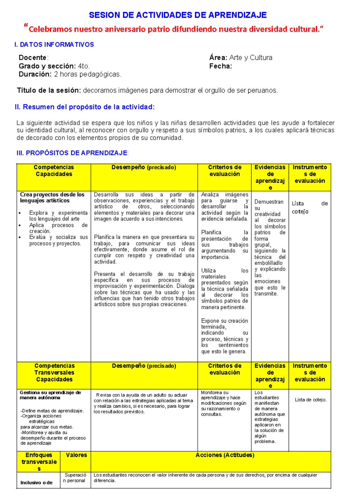 Sesion DE ARTE Y Cultura - SESION DE ACTIVIDADES DE APRENDIZAJE ...