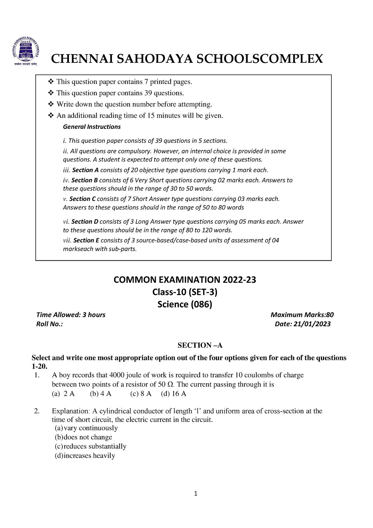 Chennai Sahodaya Science Set 3- QP 2022-23 - FOR EXAM - CHENNAI ...