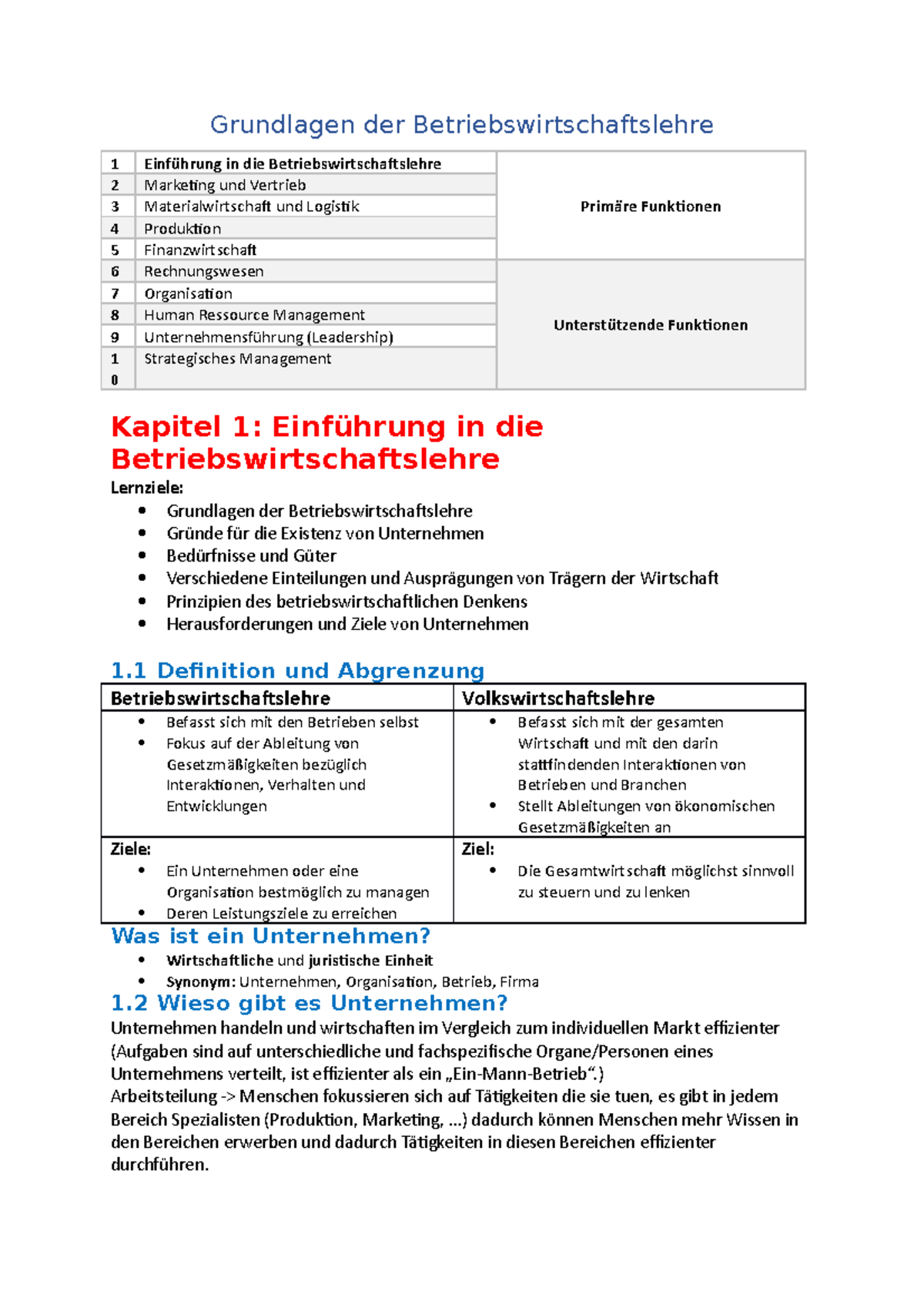 BWL - Kapitel 1 - Grundlagen der Betriebswirtschaftslehre 1 Einführung
