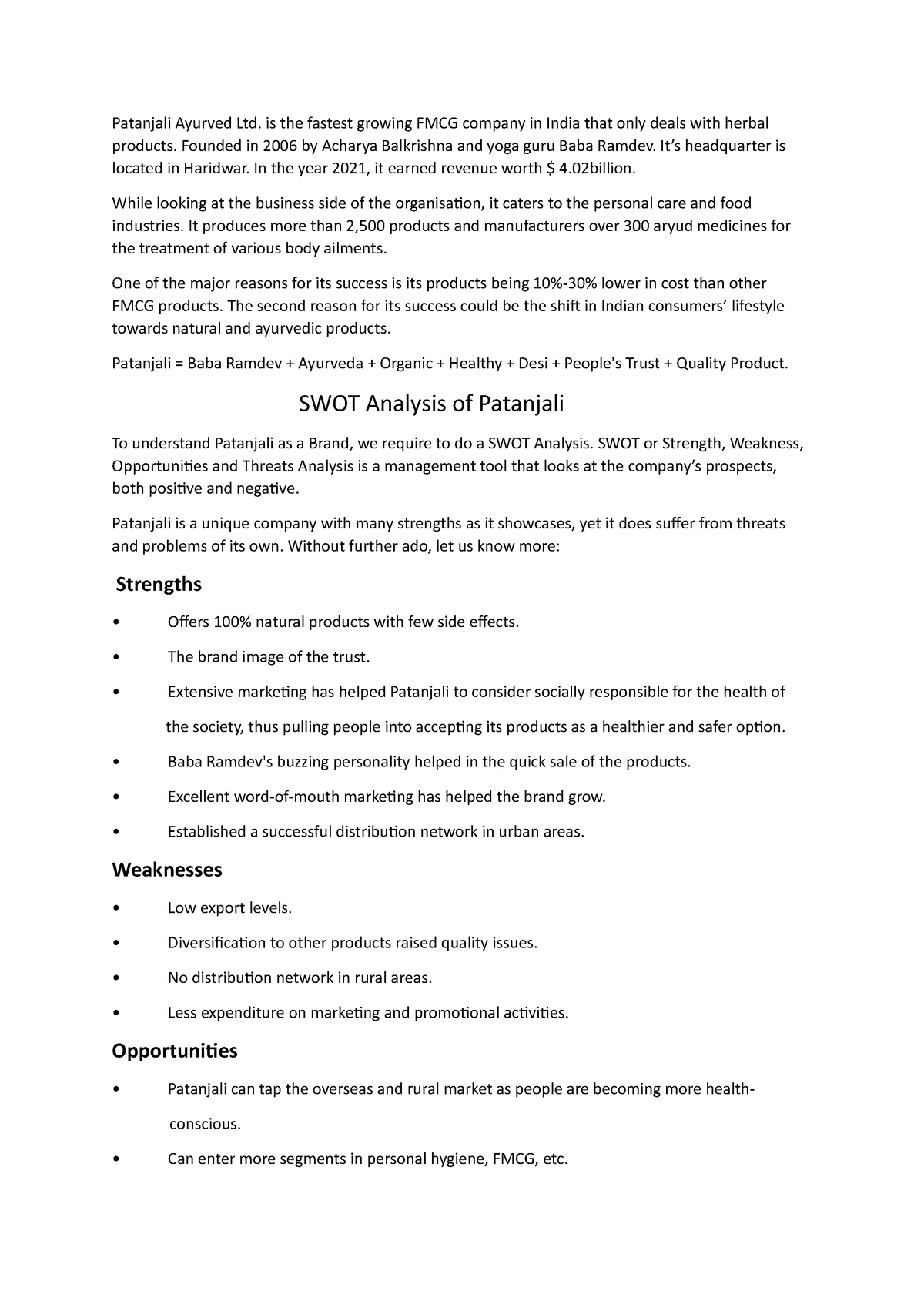 Patannjali ayurved ltd sowt analysis - Patanjali Ayurved Ltd. is the ...