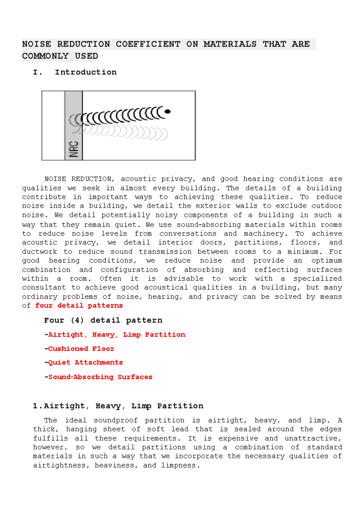 NOISE REDUCTION COEFFICIENT Introduction NOISE REDUCTION, acoustic