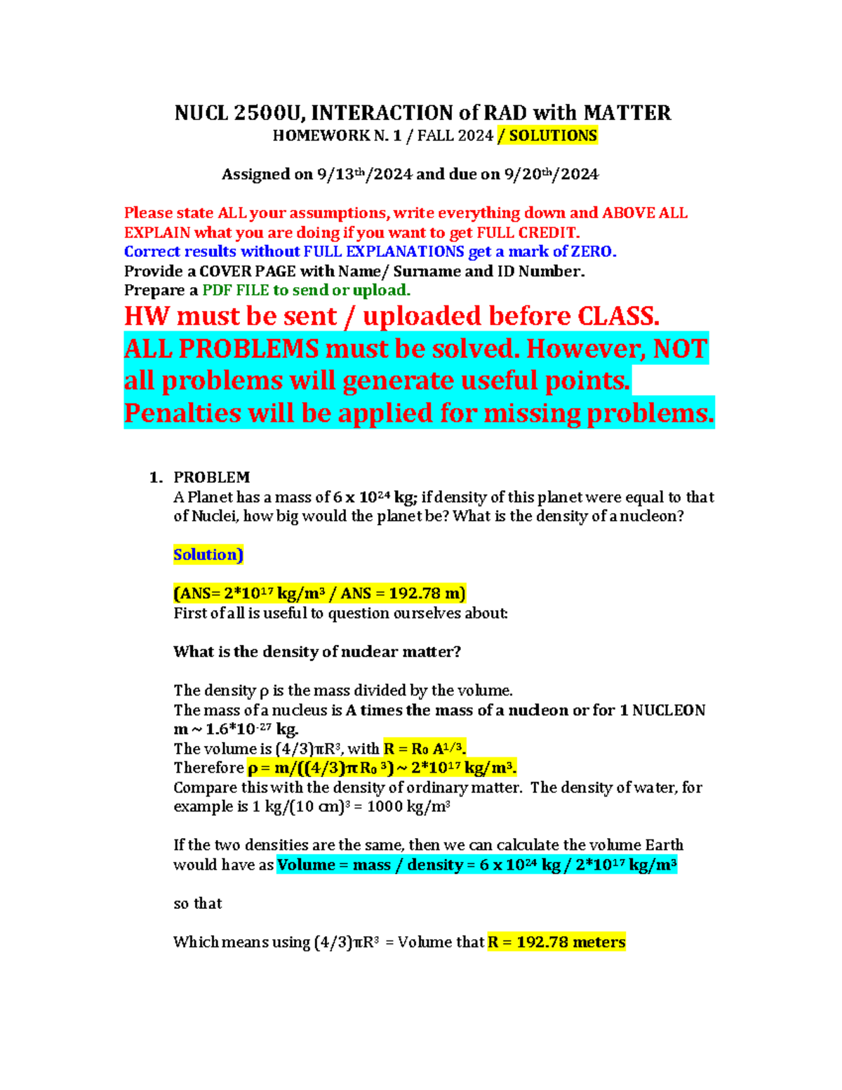 HW 1 NUCL 2500 Solutions - NUCL 2500U, INTERACTION of RAD with MATTER ...
