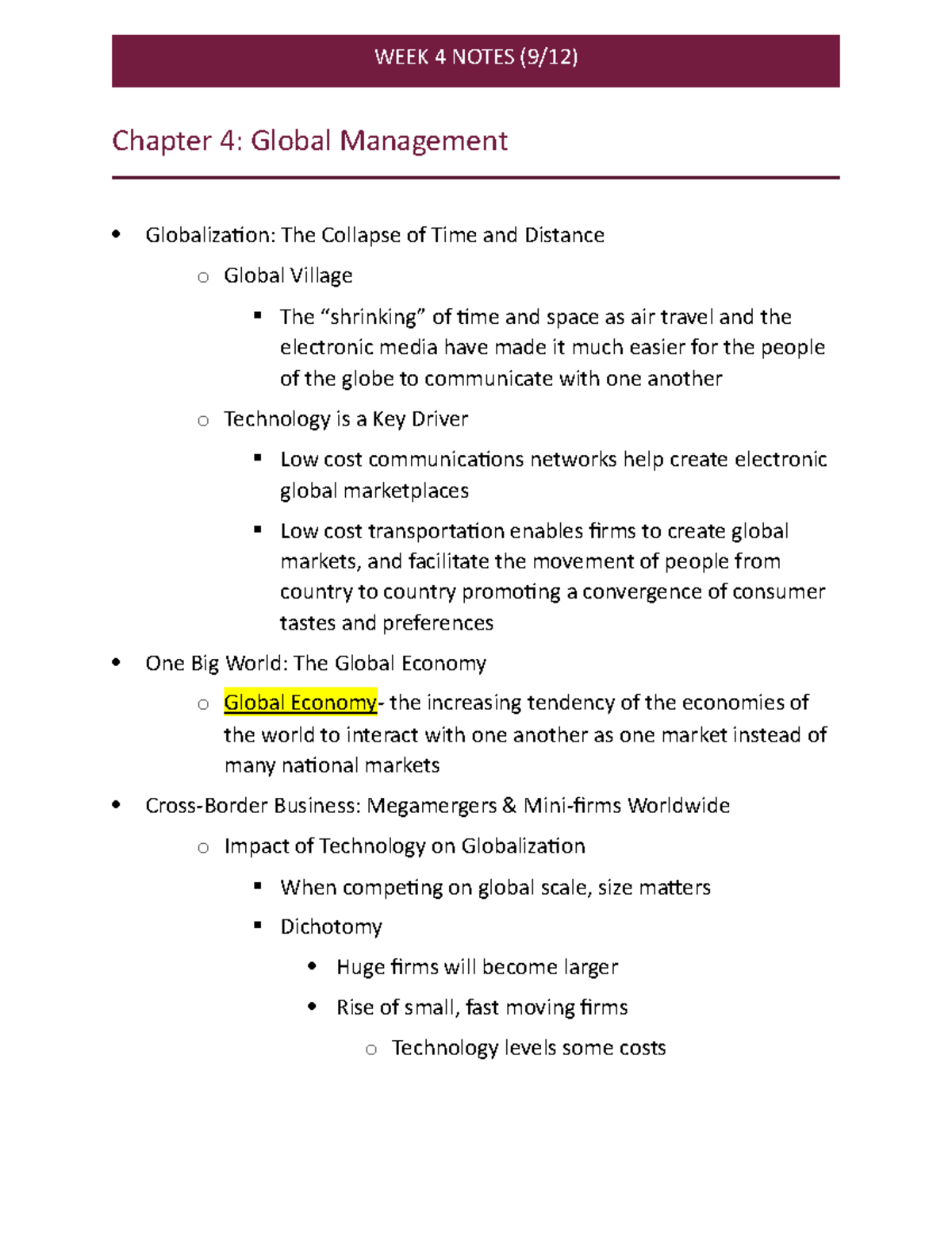 MAN3025- Week 4 Notes (Chapter 4) - WEEK 4 NOTES Chapter 4: Global ...