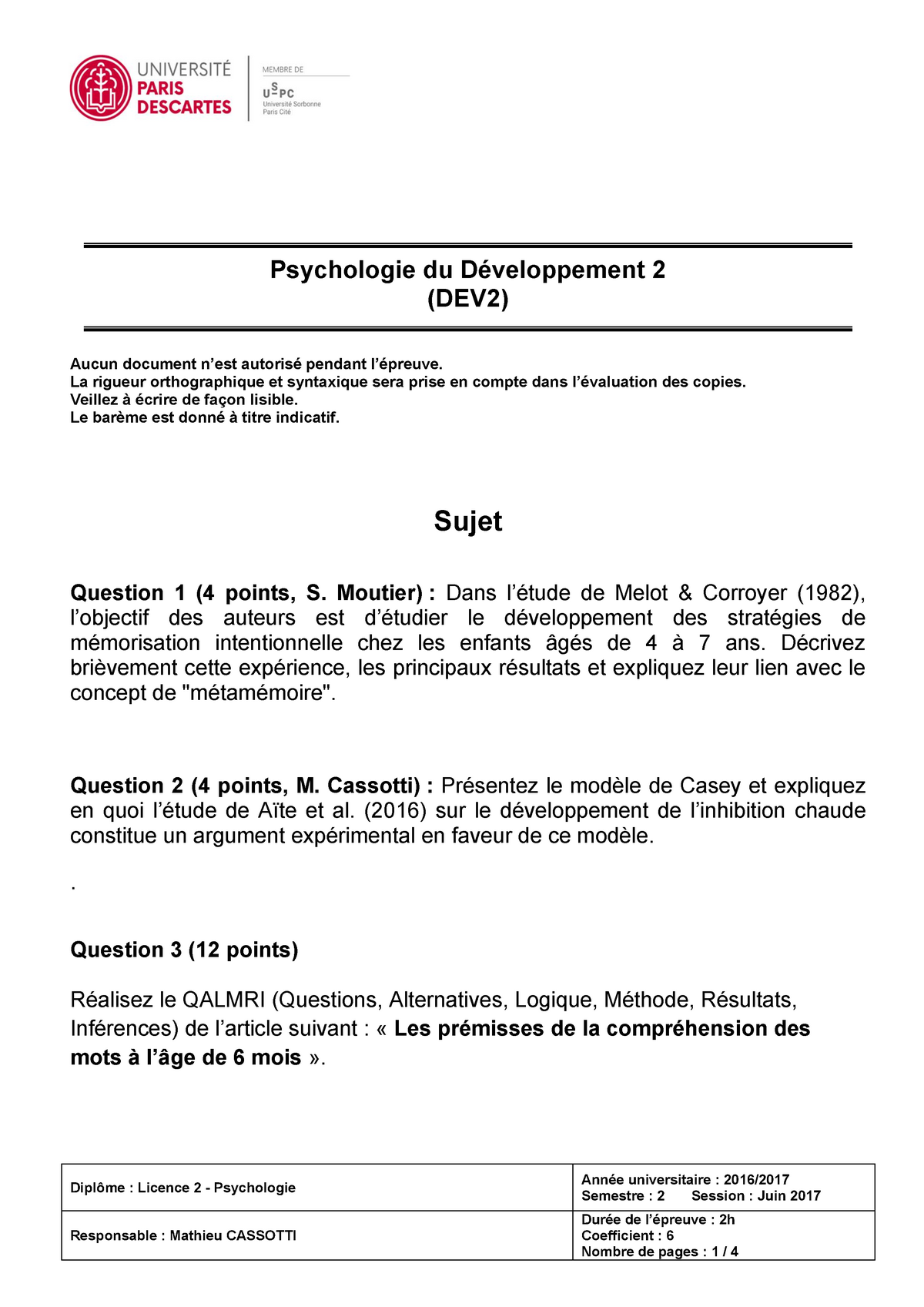 Examen Psychologie du Développement 2  juin 2017  Warning TT