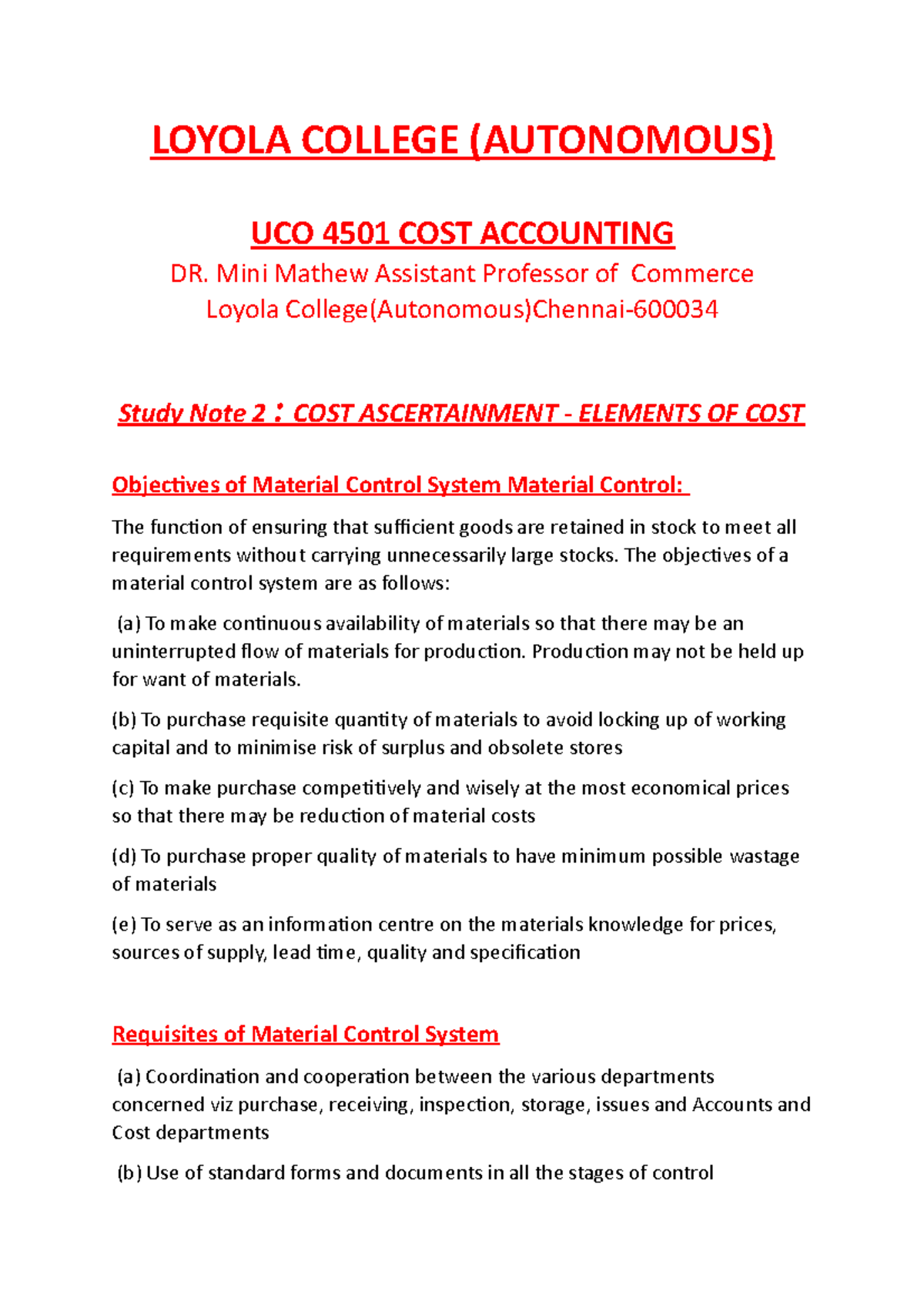 Study Note 2 COST Ascertainment Elements OF COST LOYOLA COLLEGE