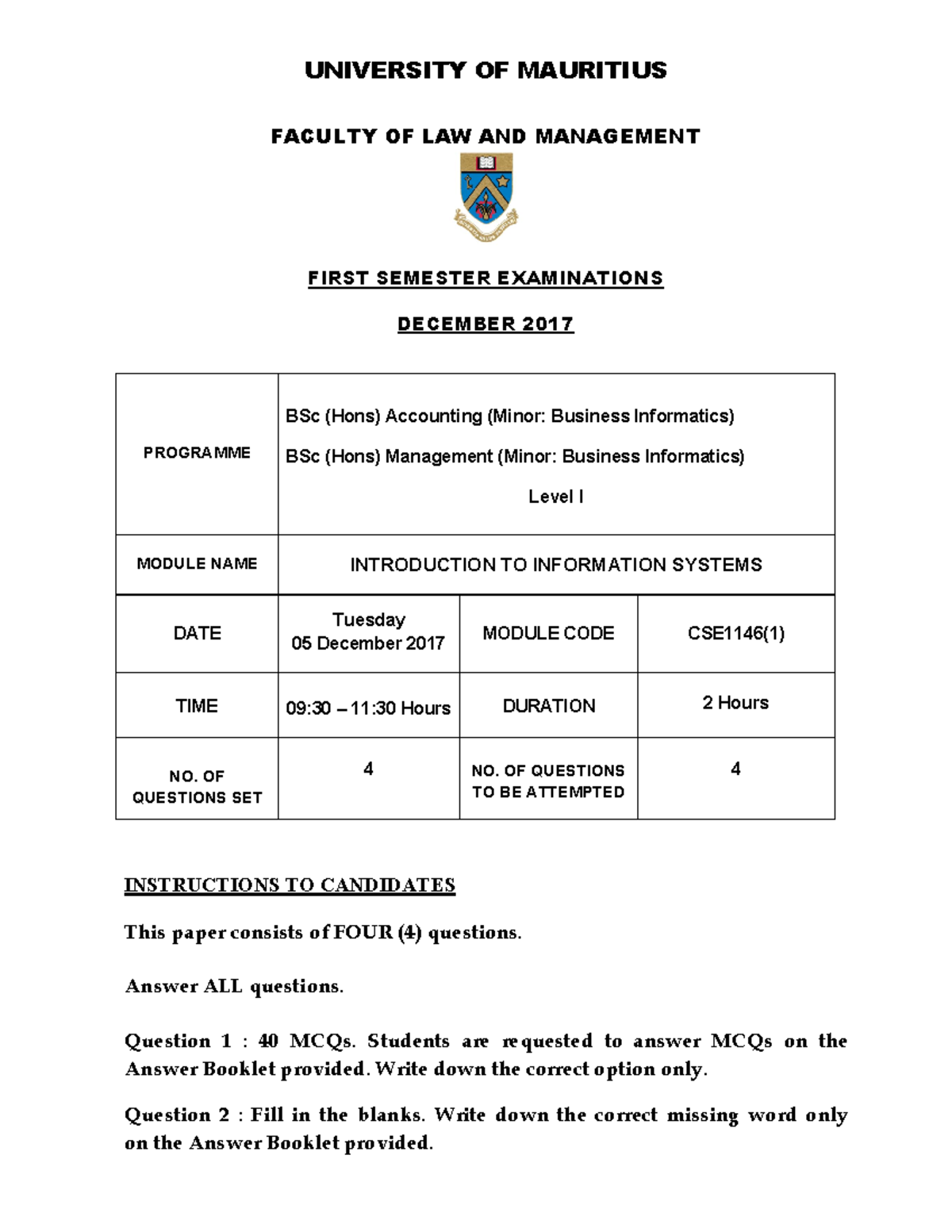 CSE1146 1 2017 1 Past paper UNIVERSITY OF MAURITIUS FACULTY OF LAW