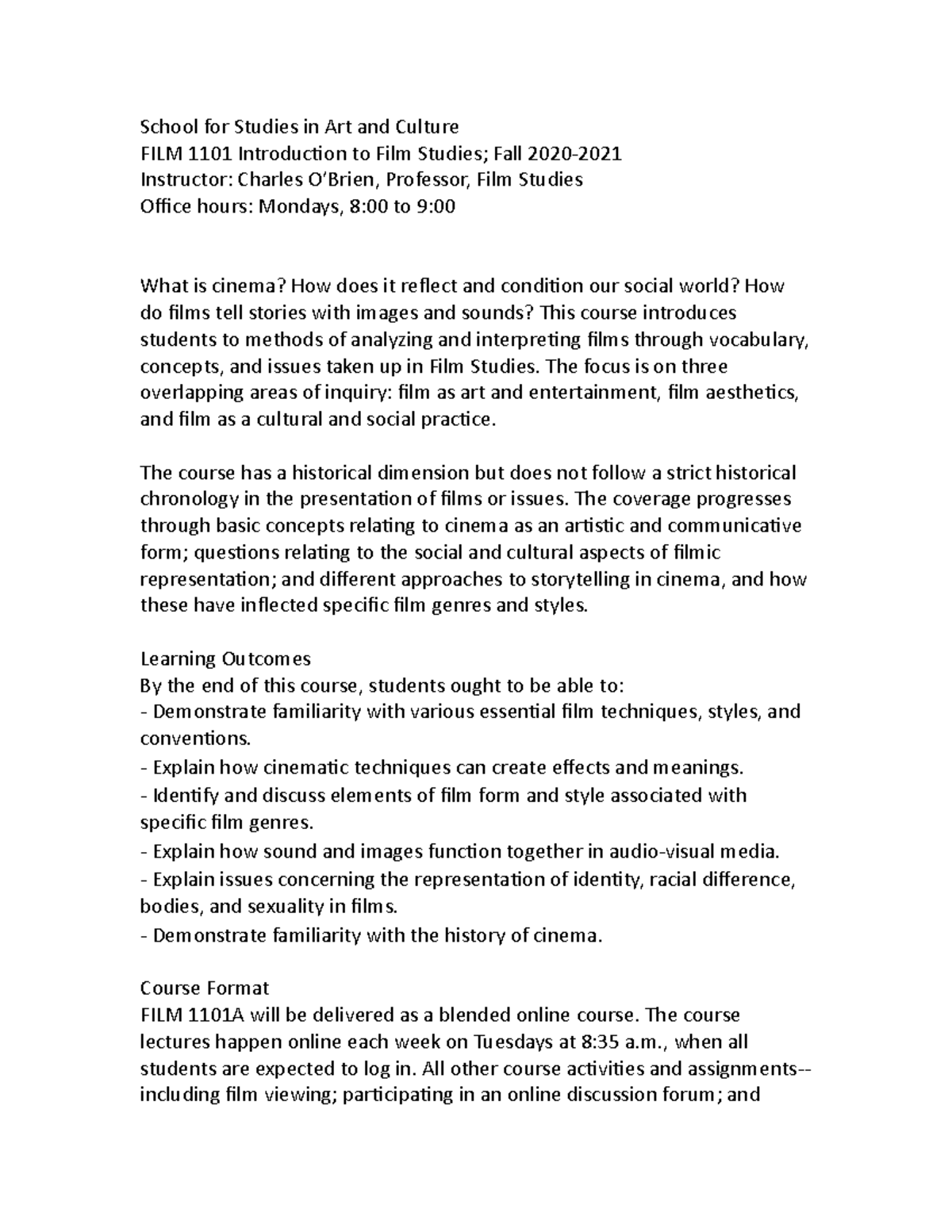 Syllabus For FILM1101A 2020 2021 School For Studies In Art And