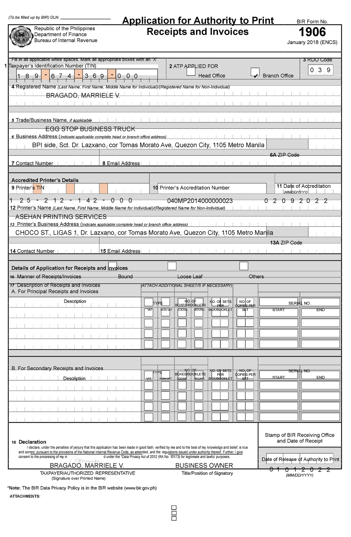 Authority To Print Receipt And Invoices BIR Form No 1906 To Be 