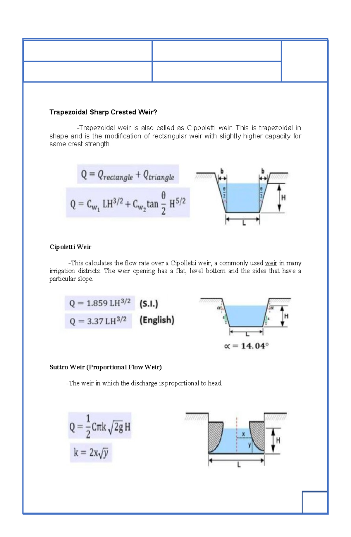 CE319 Assignment Camarillo- 2 - Trapezoidal Sharp Crested Weir ...