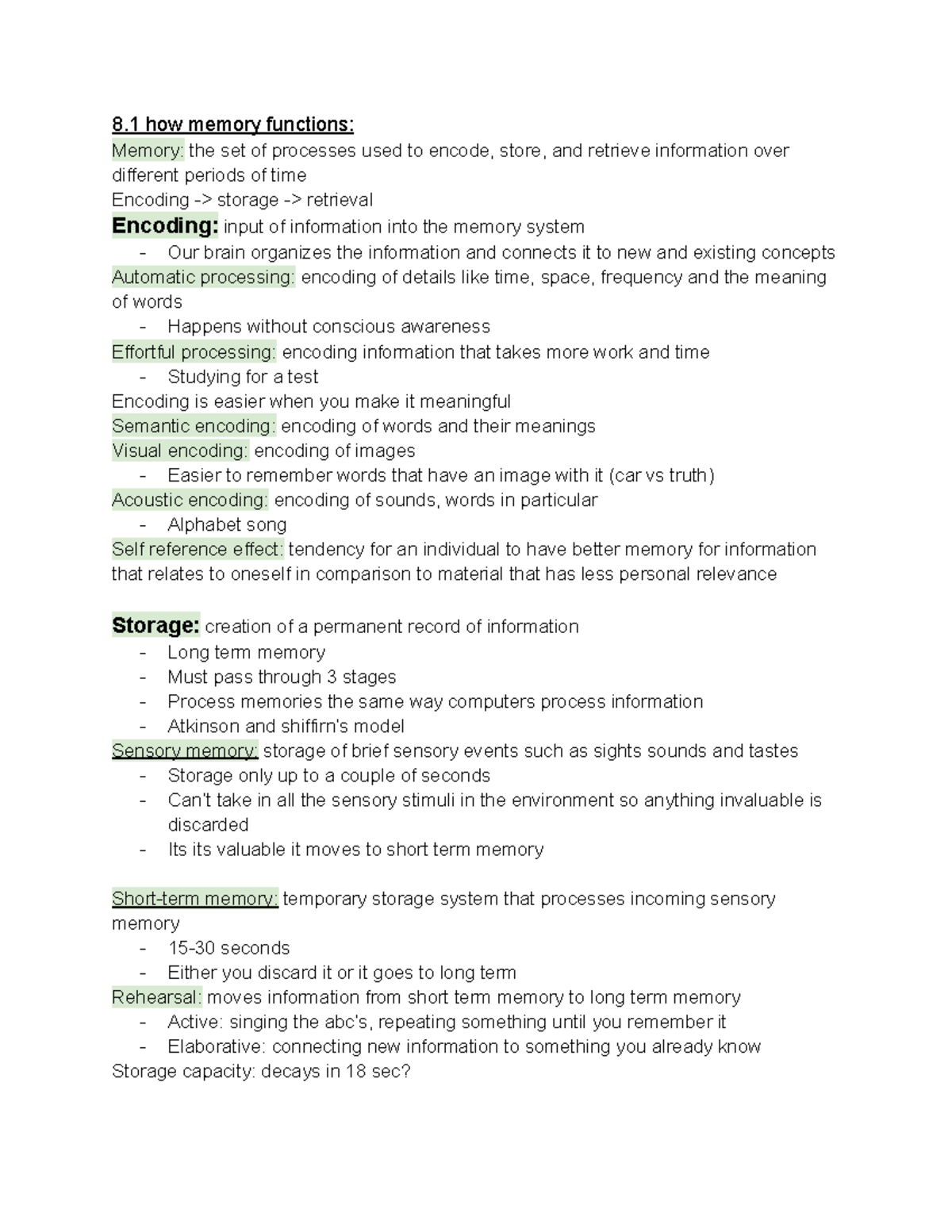 Psych 202 Chapter 8 Notes - 8 How Memory Functions: Memory: The Set Of ...