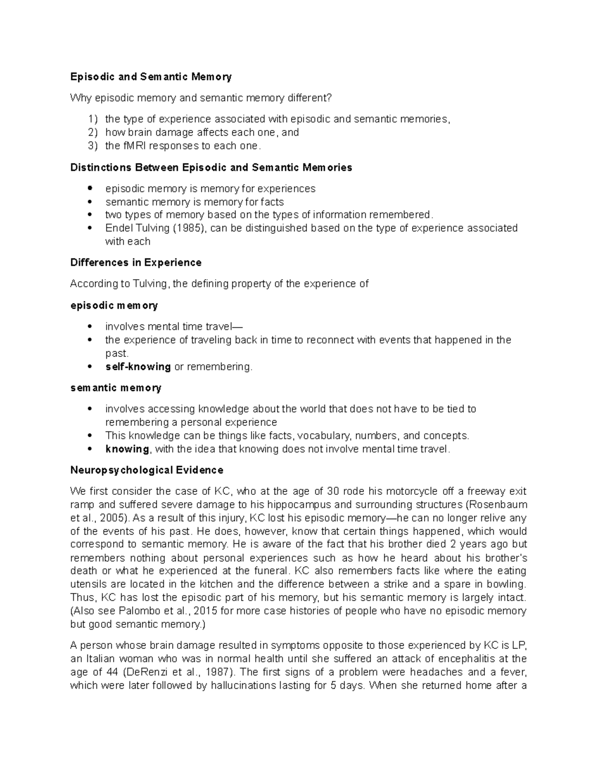 Chaapter 6 summary - Episodic and Semantic Memory Why episodic memory ...
