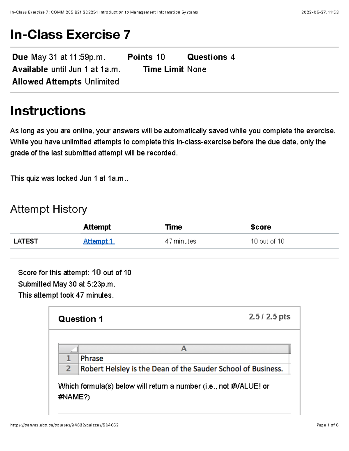 In-Class Exercise 7 - Points 10 Questions 4 Available until Jun 1 at 1a ...