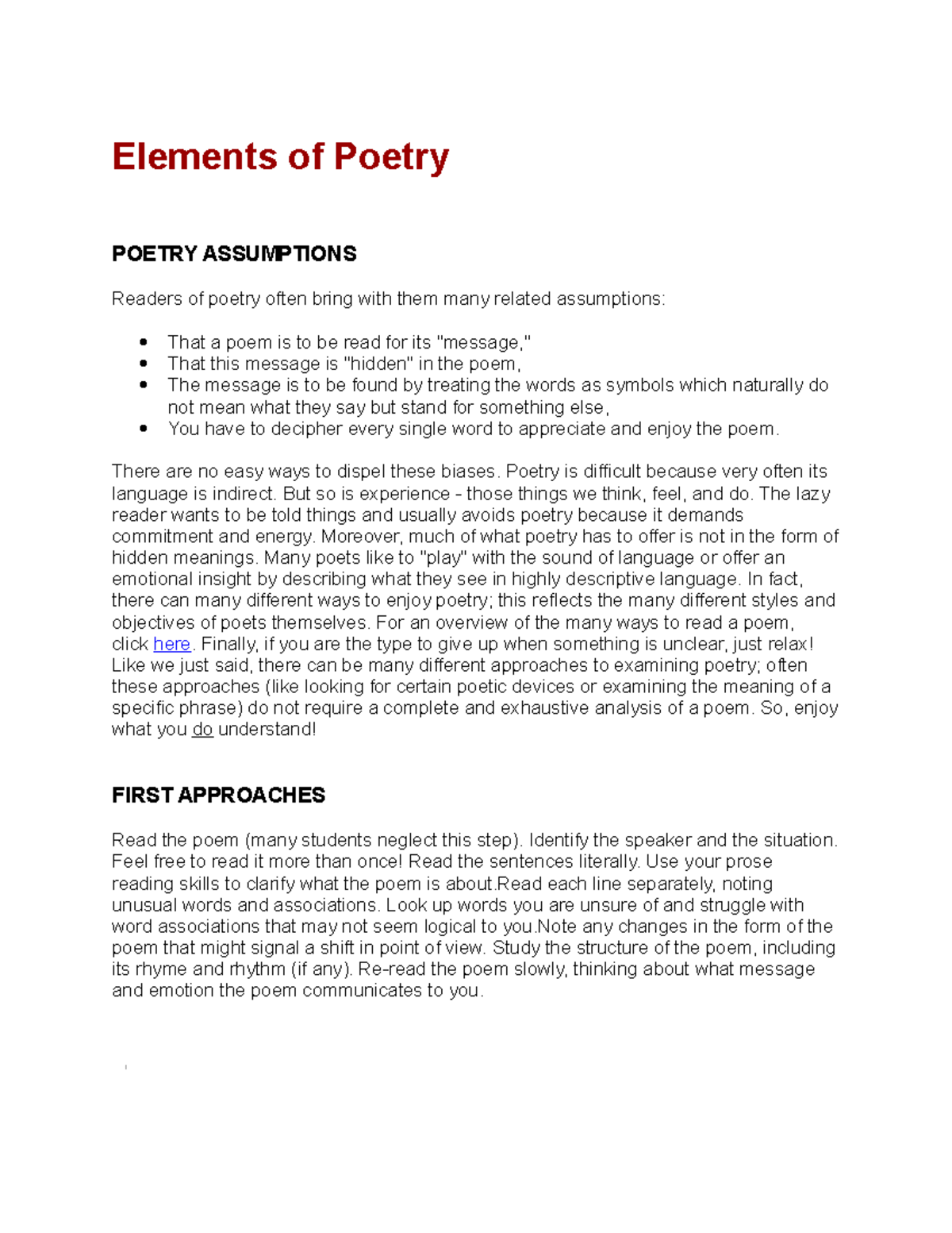 Elements Of Poetry Lecture Notes 1 Elements Of Poetry POETRY