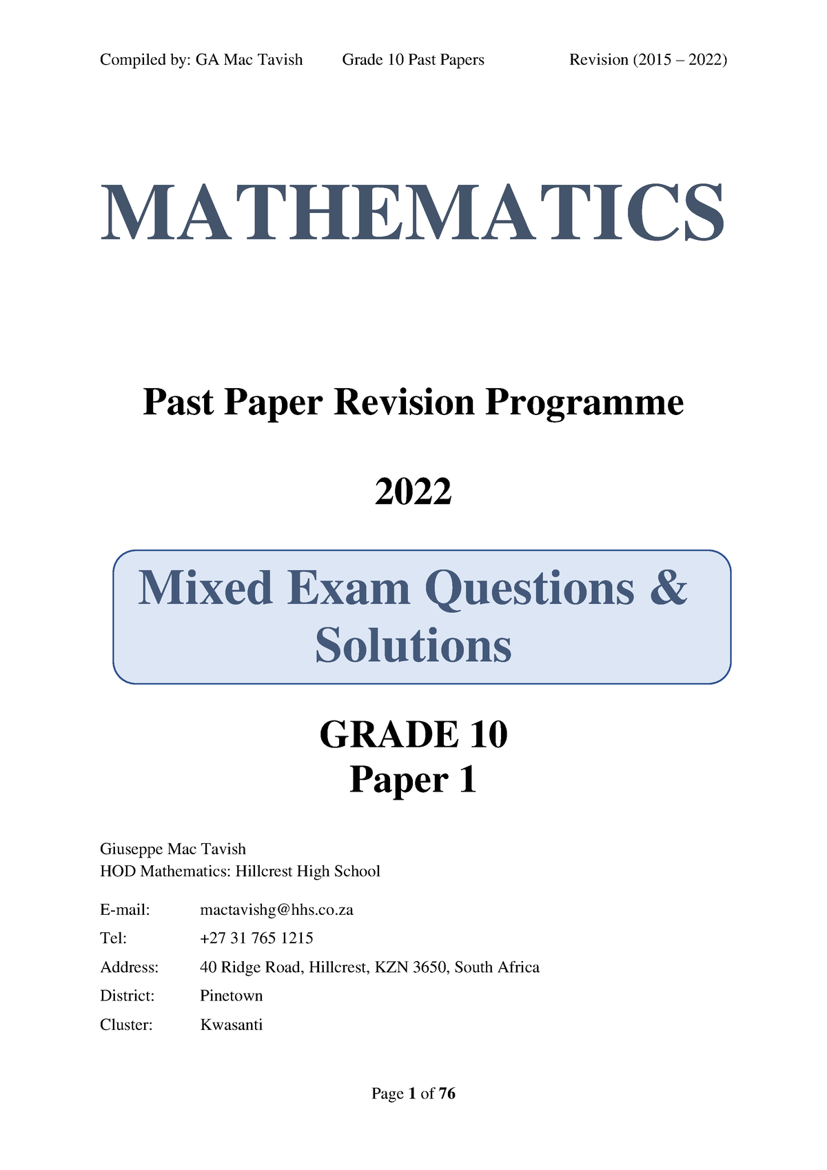 Grade 10 Exam Revision Booklet and Solutions - MATHEMATICS Past Paper ...