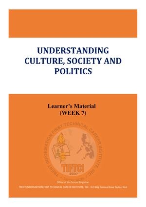 UCSP Week 1 - Understanding Culture, Society And Politics - Office Of ...