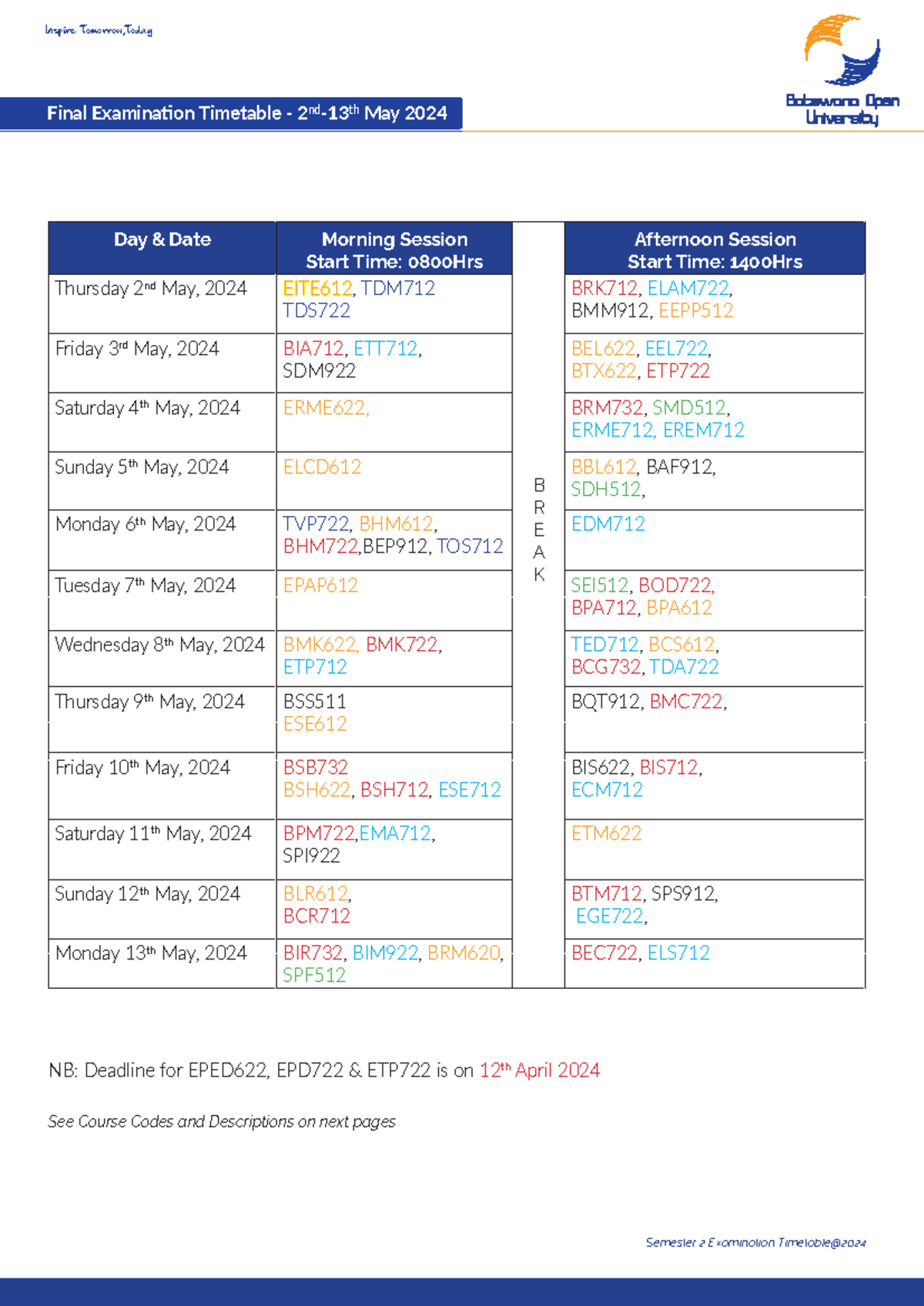Exam Timetable MAY 2024 (LAME - Inspire Tomorrow,Today Final ...
