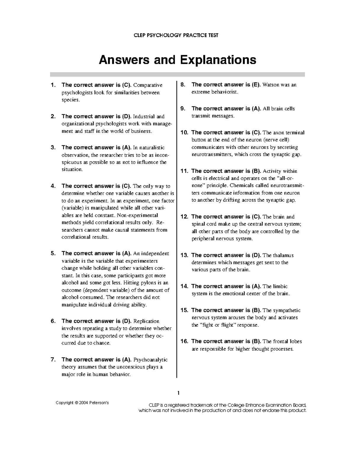 TEST BANKS PSYCHOLOGY - CLEP PSYCHOLOGY PRACTICE TEST Answers And ...