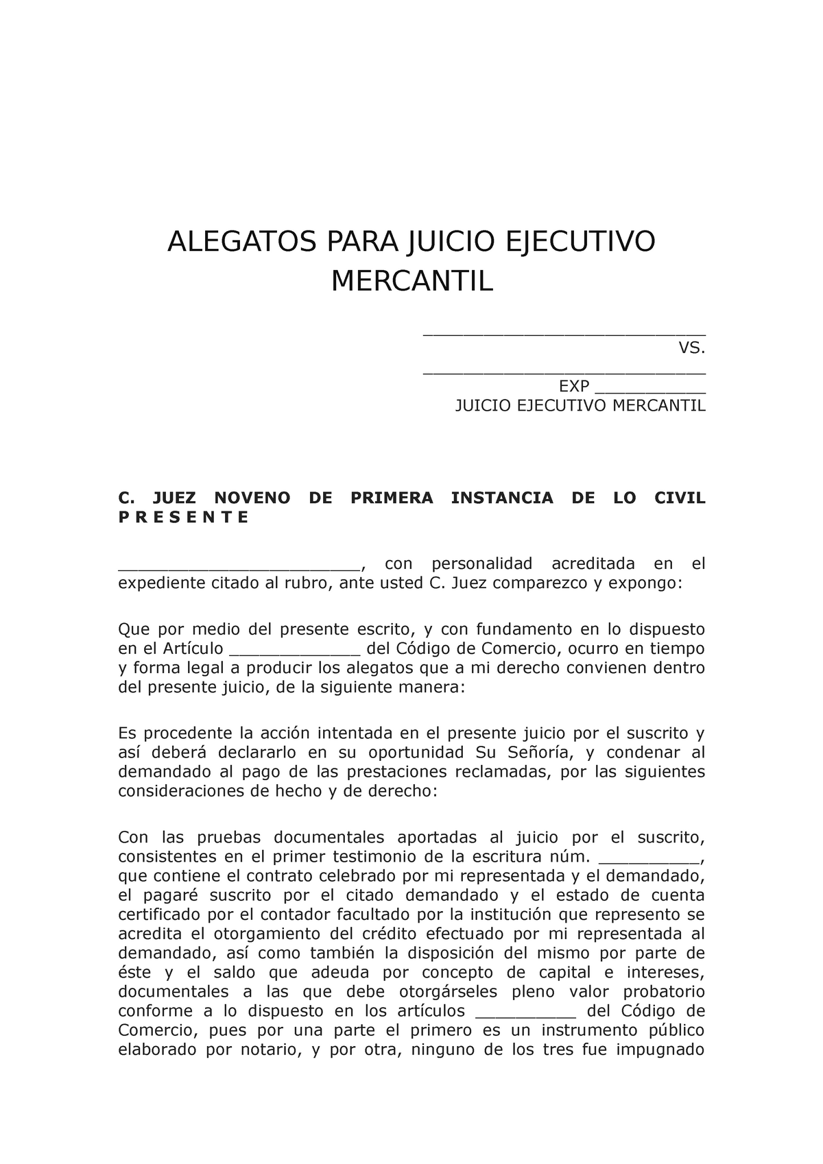 Solicitud Inicio Alegatos Juicio Mercantil - Introducción al Estudio del  Derecho - Studocu