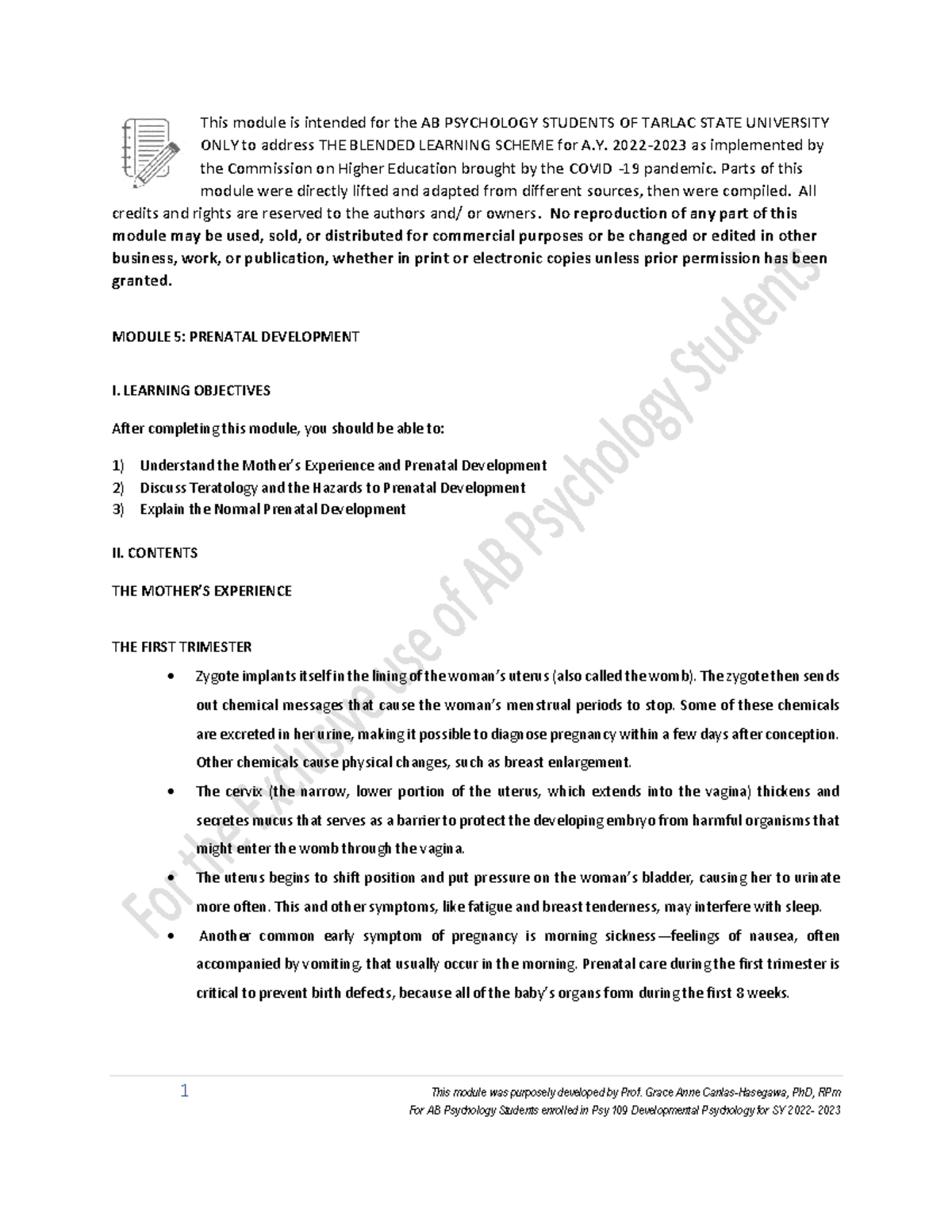 Module 5 Prenatal Development - 1 This module was purposely developed ...