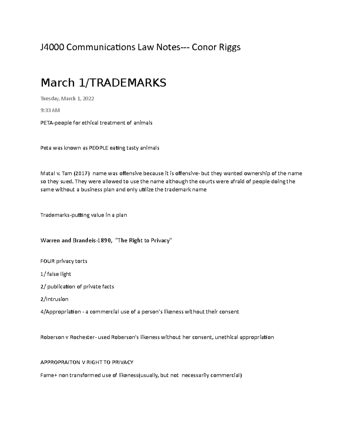 J4000 com law notes - J4000 Communications Law Notes- Conor Riggs March ...