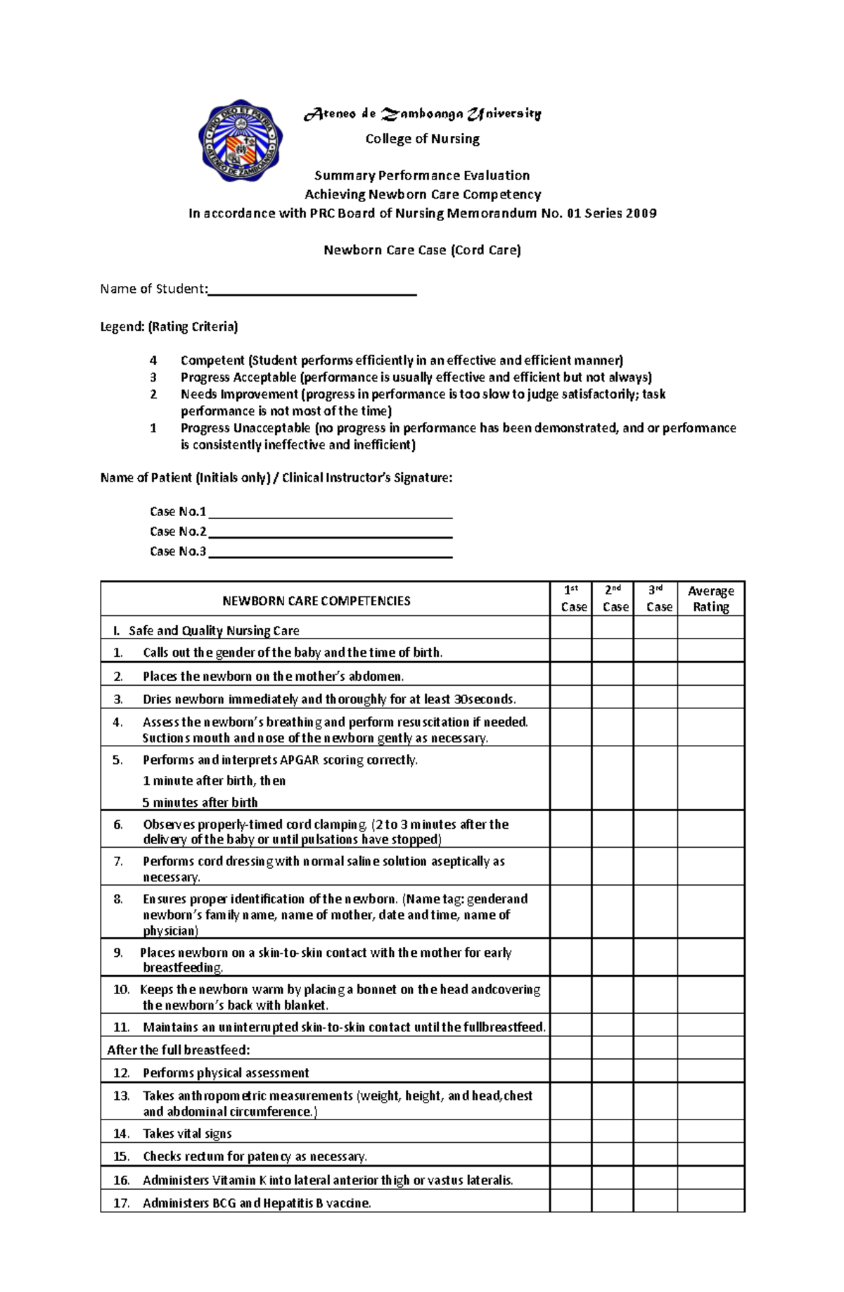 DR Checklist Cord Care - prc - Ateneo de Zamboanga University College ...