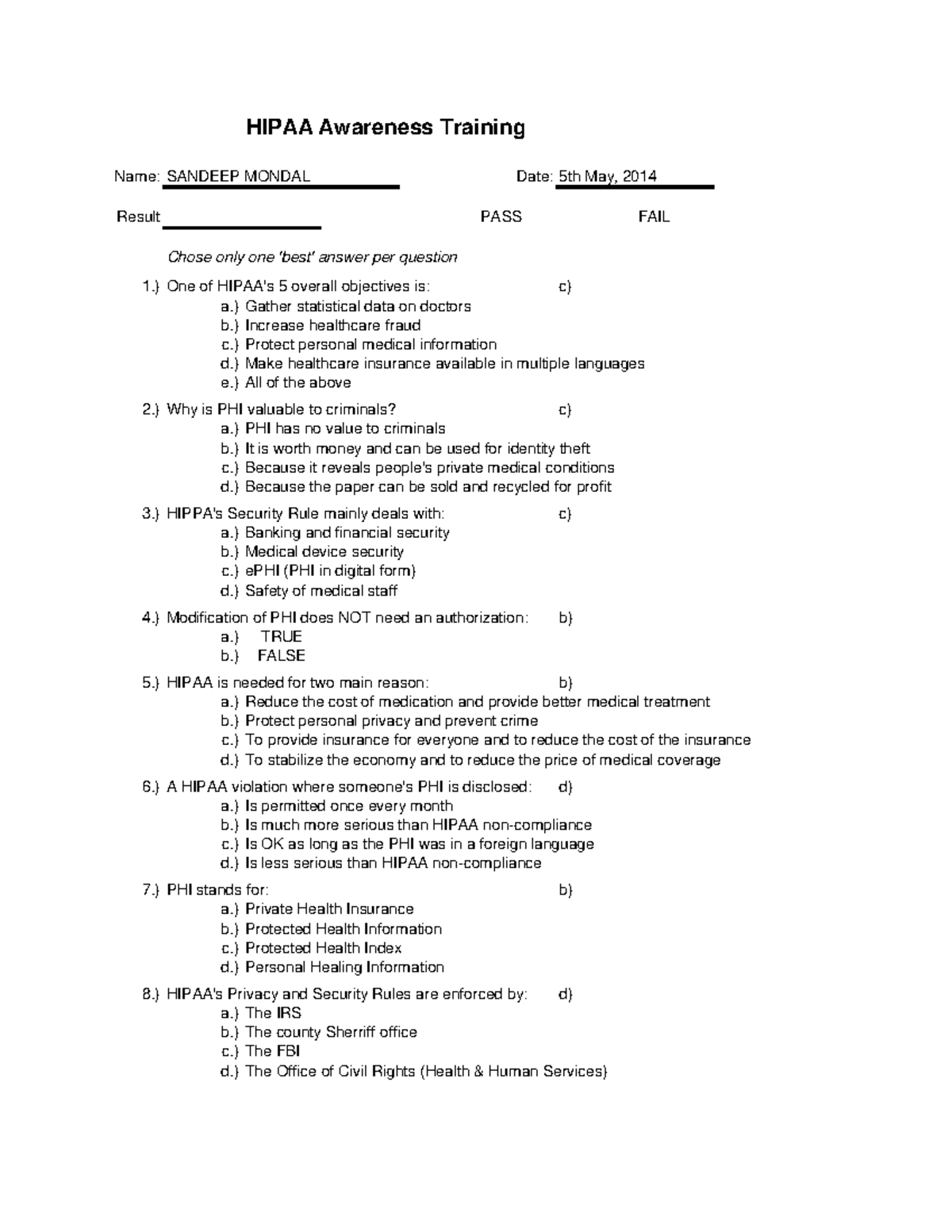 Hipaa Awareness Quiz - HIPAA Awareness Training Name: SANDEEP MONDAL ...