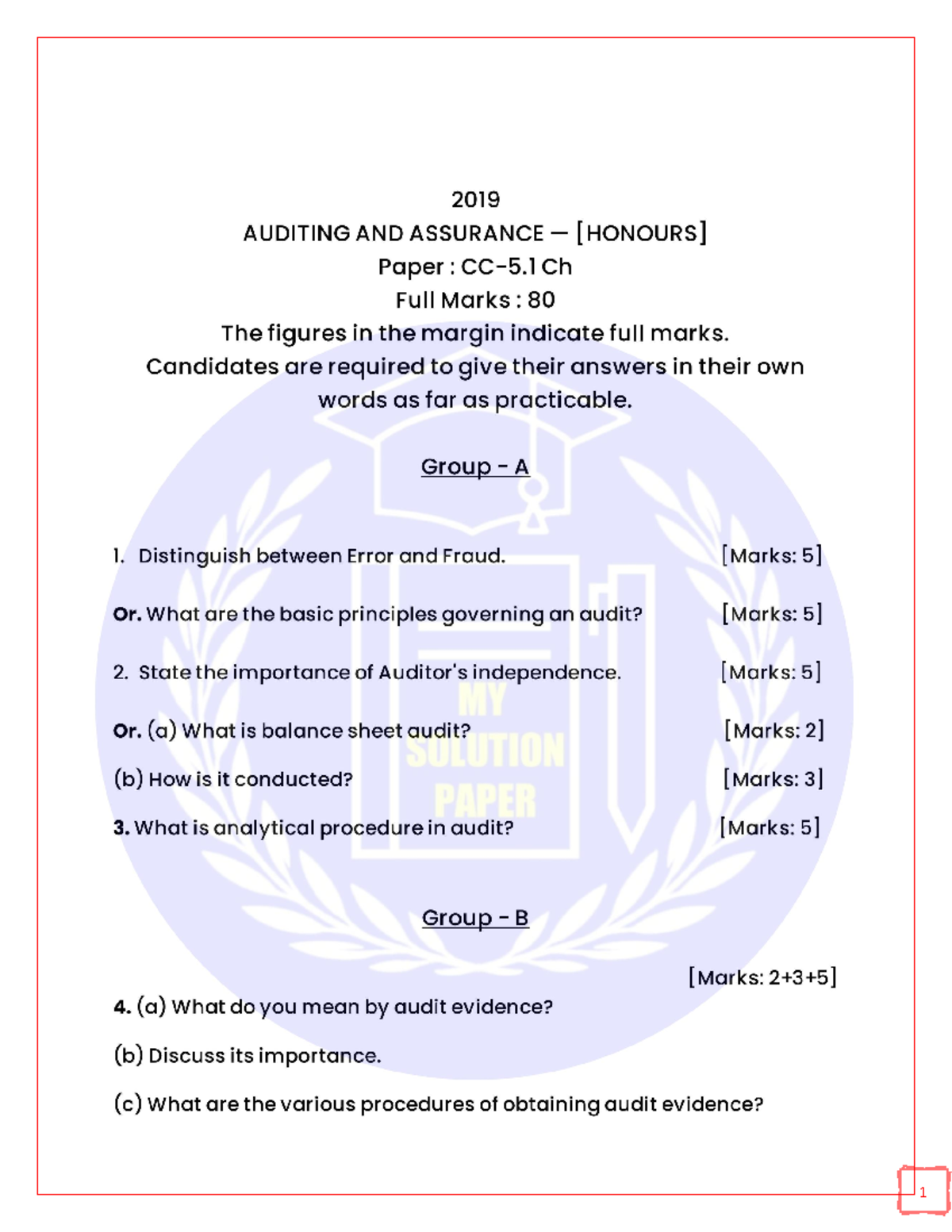 2019-21 (H+G) Auditing and Assurance Question Paper - Law and science ...