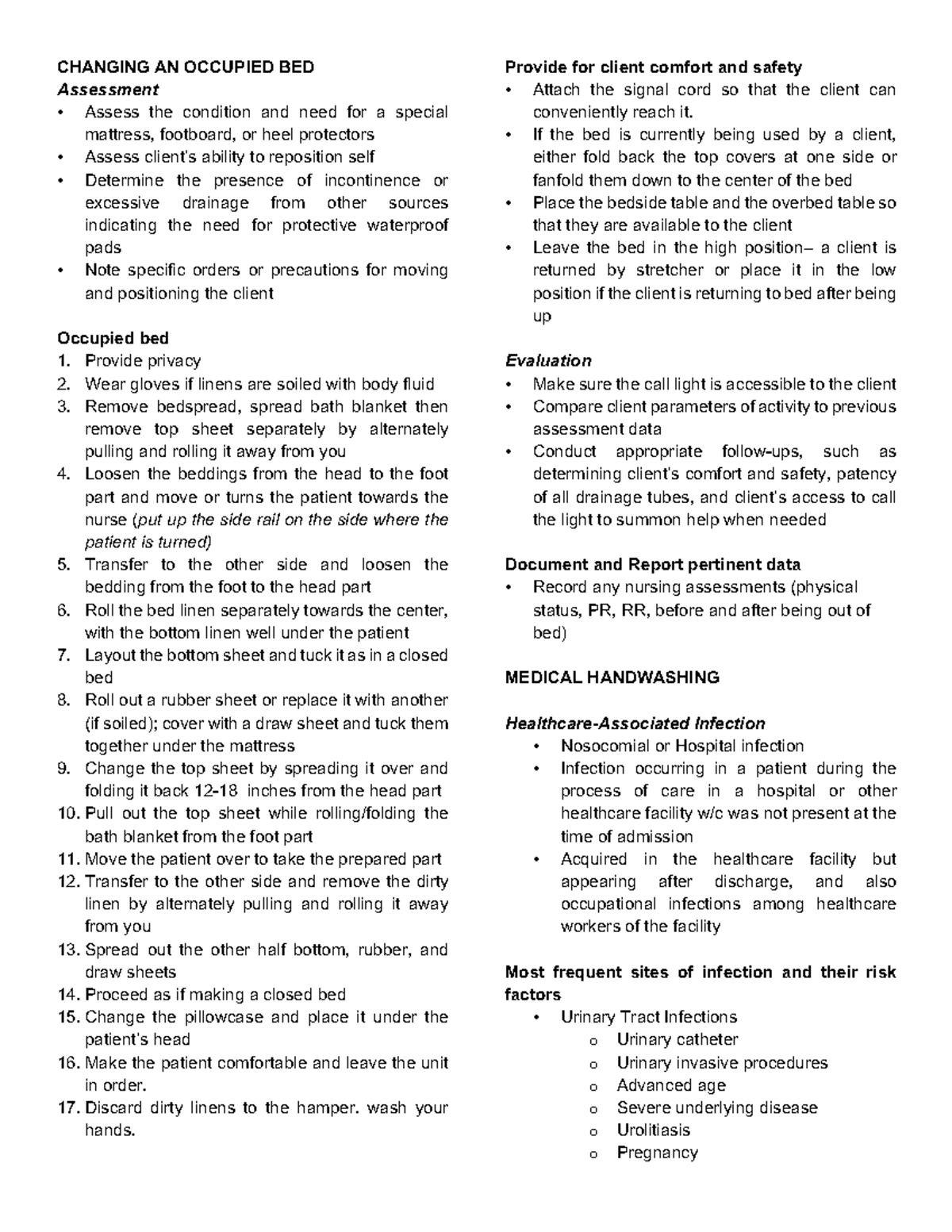 Changing AN Occupied BED CHANGING AN OCCUPIED BED Assessment Assess