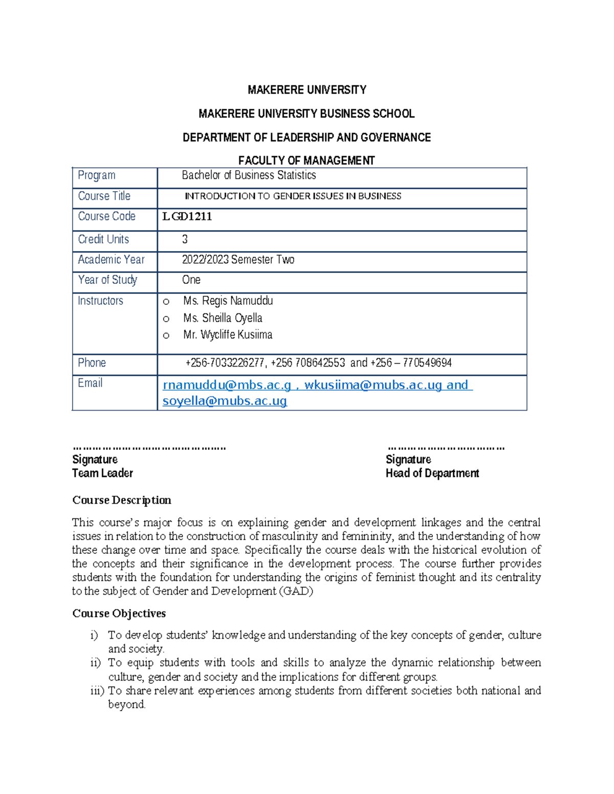 Introduction Gender Issues in Business - course outline - MAKERERE ...