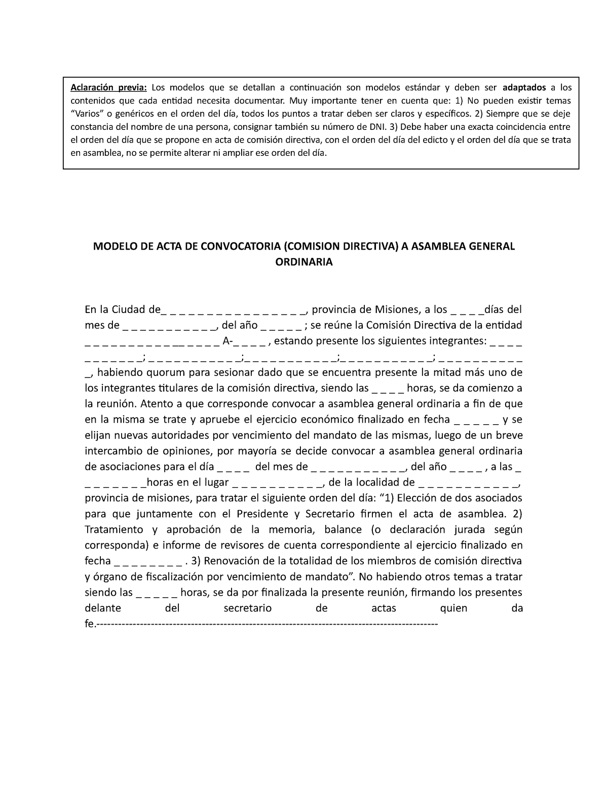 Modelos de actas y edictos asamblea ordinaria - MODELO DE ACTA DE  CONVOCATORIA (COMISION DIRECTIVA) - Studocu