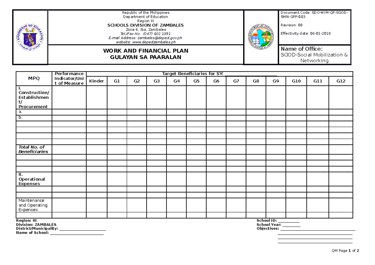 Gulayan Sa Paaralan Work Financial Plan Republic Of The Philippines