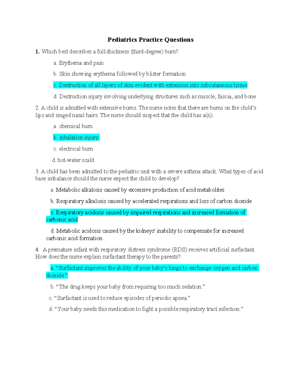 Pediatrics Practice Questions - NUR 4270 - Studocu