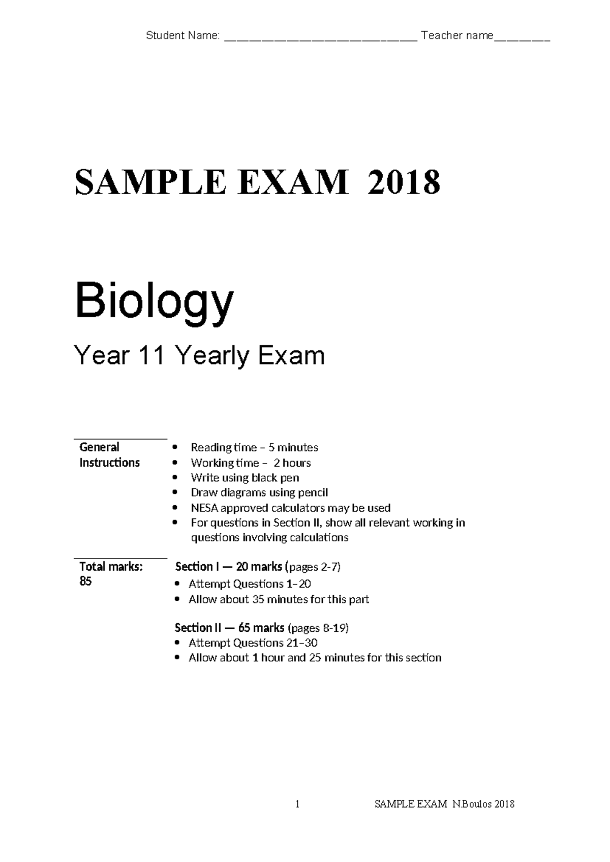 2018 Prelim Biology Past Paper Student Name _______________________________ Teacher name