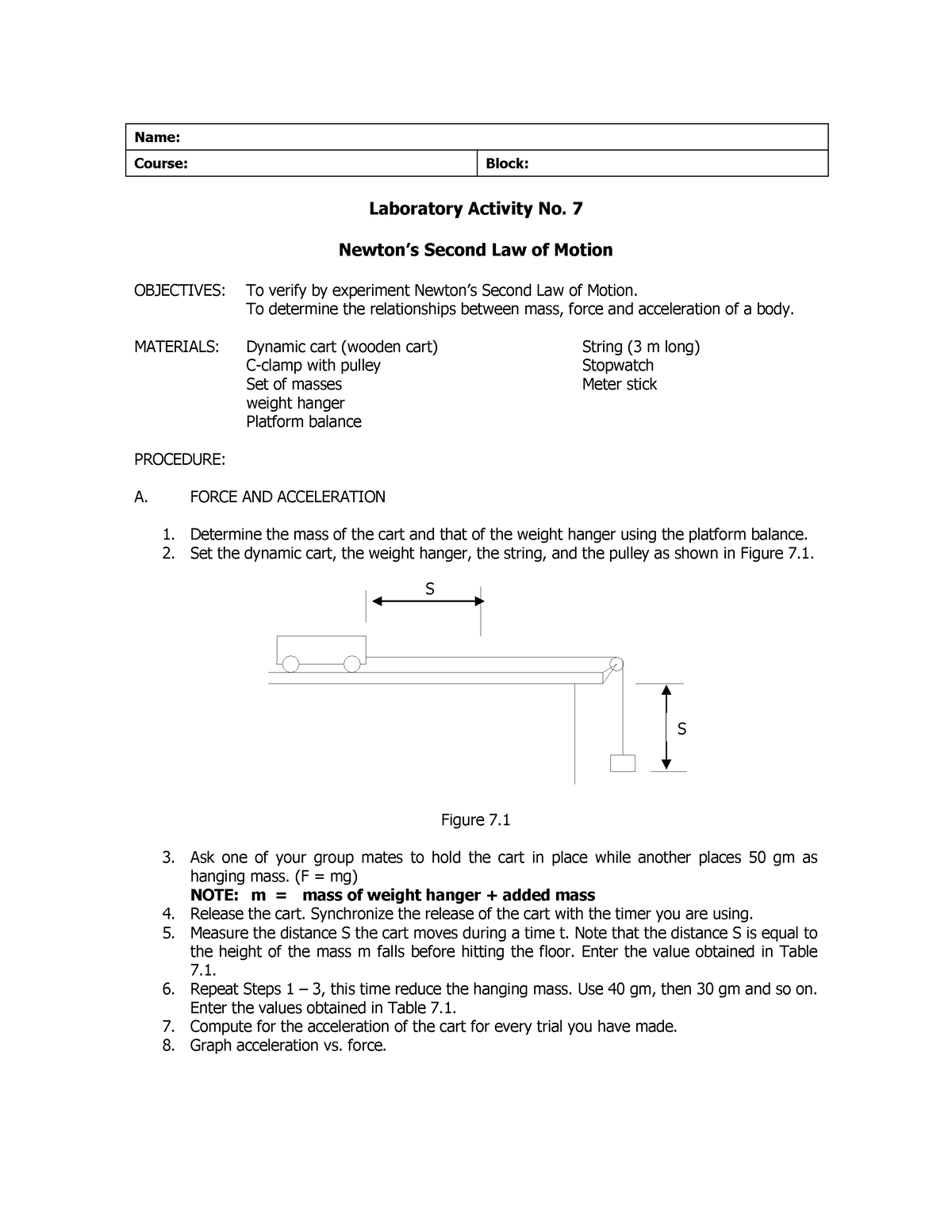 PHYS121 - Activity - Name: Course: Block: Laboratory Activity No. 7 ...