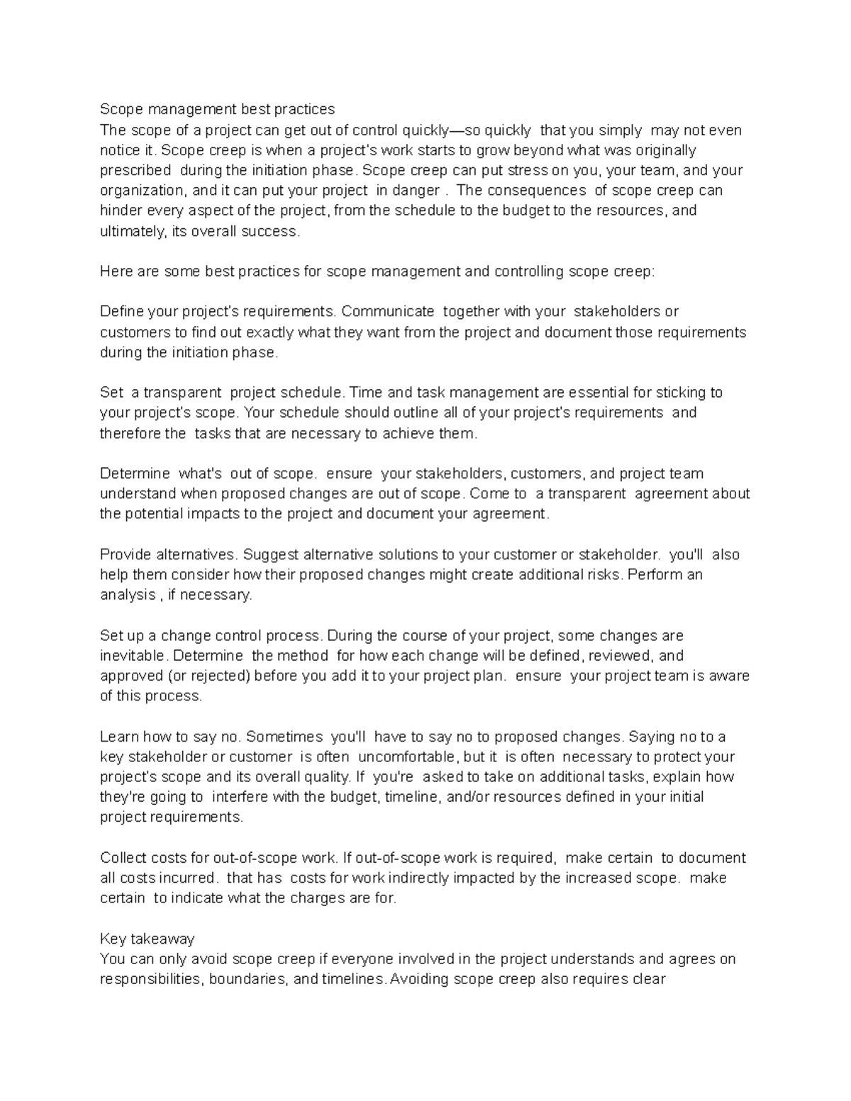 Scope creep in project management Scope management best practices The