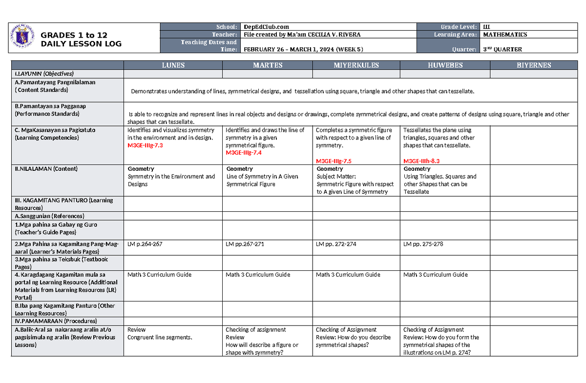 DLL Mathematics 3 Q3 W5 - DAILY LESSON PLAN IN MATH WEEK 1 QUARTER 3 ...