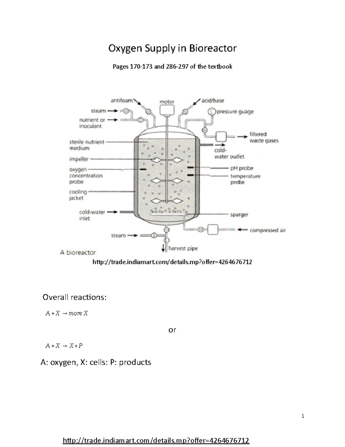 Oxygen supply, transport, and modeling in a bioreactor Oxygen Supply