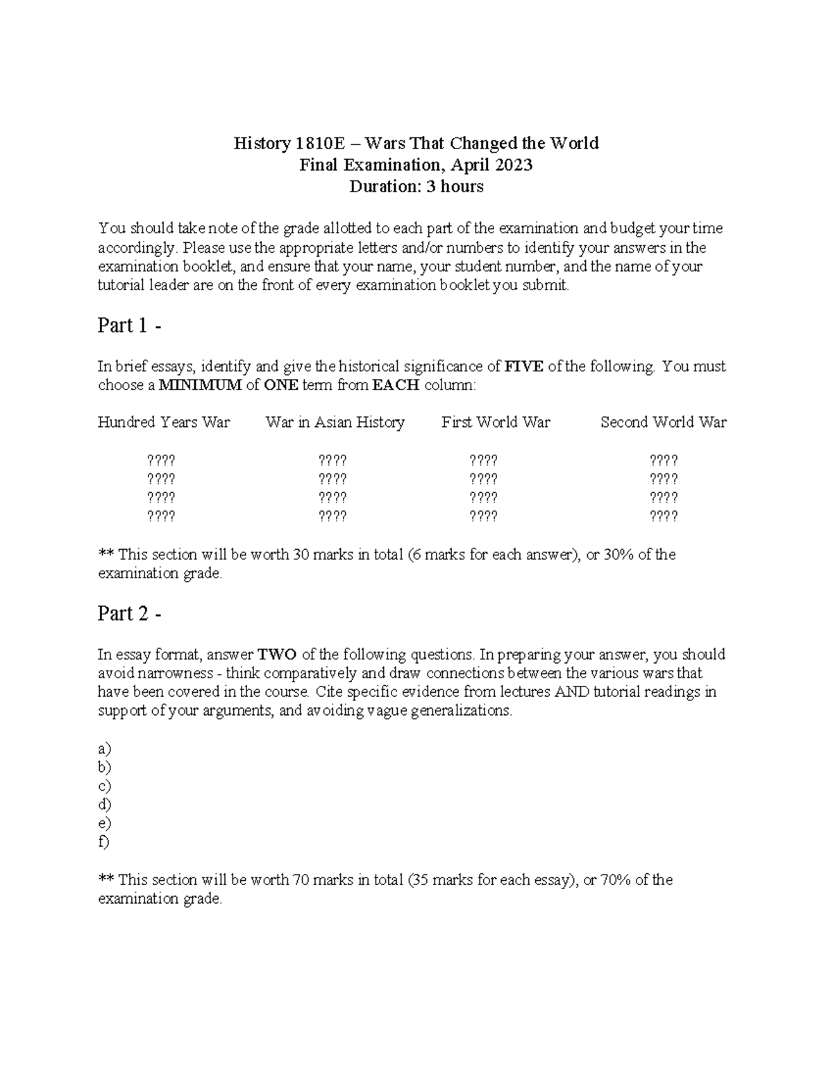 History+1810+final+exam+2023+template - History 1810E – Wars That ...
