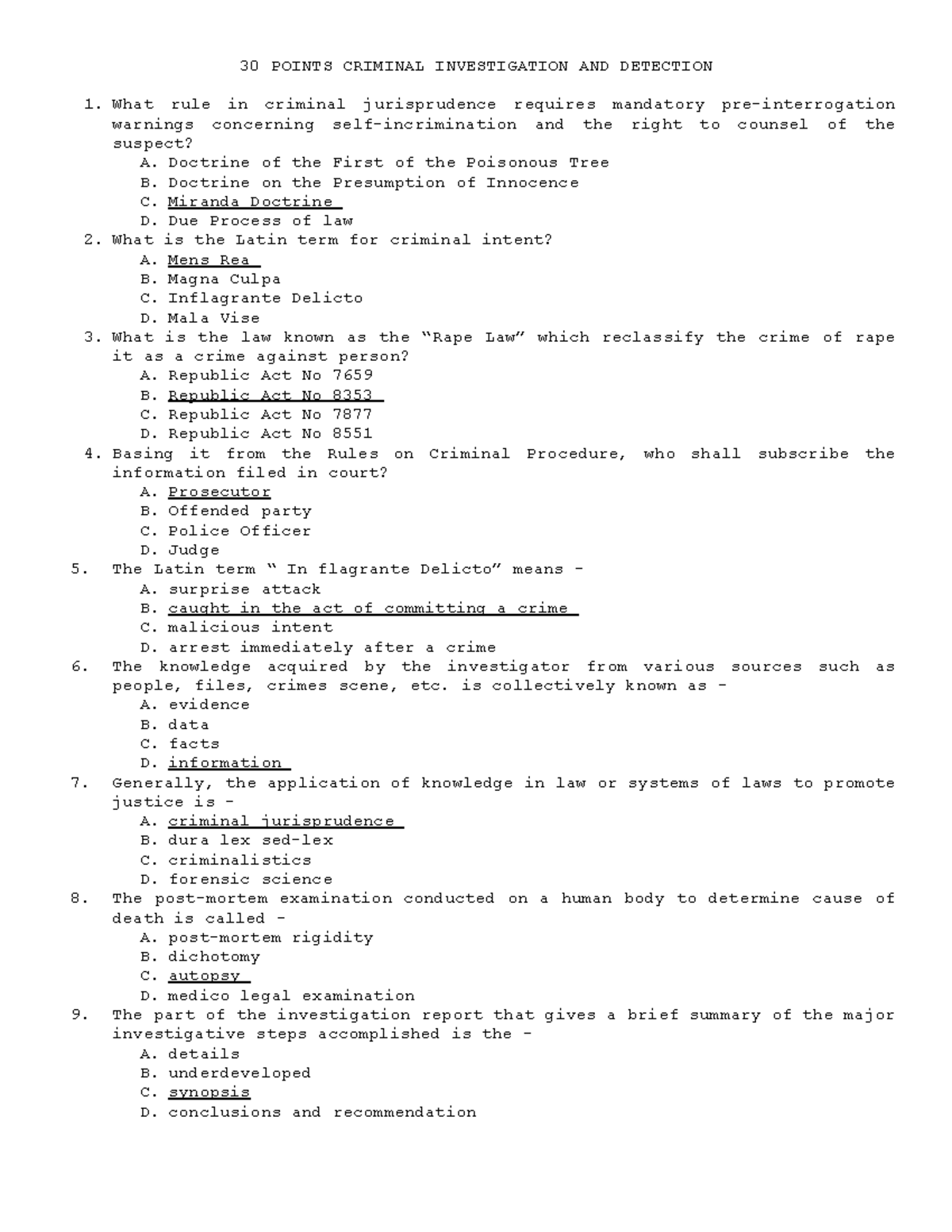 4 - Notes - 30 POINTS CRIMINAL INVESTIGATION AND DETECTION What rule in ...