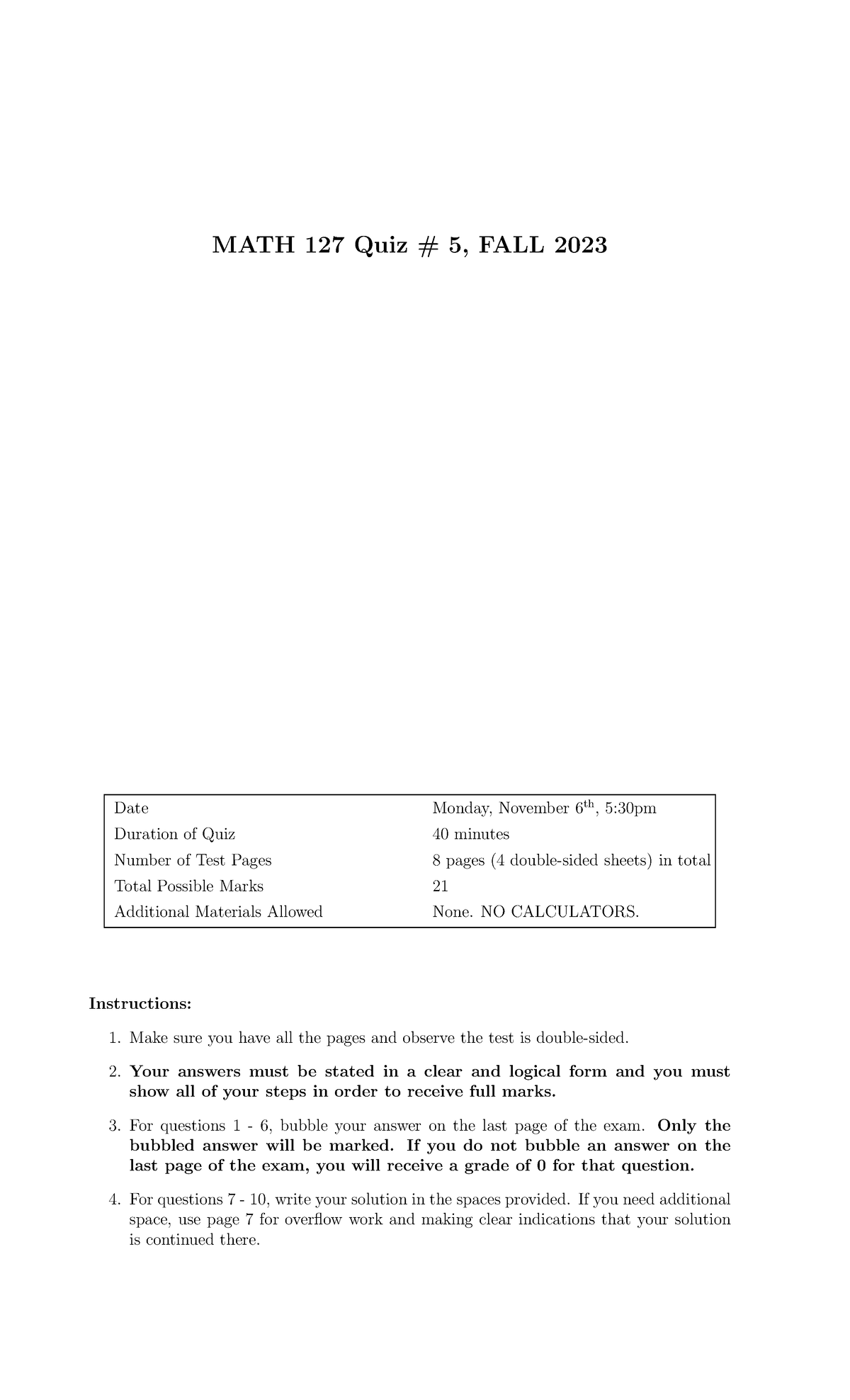 Quiz 5 - quiz 5 - MATH 127 Quiz # 5, FALL 2023 Date Monday, November ...
