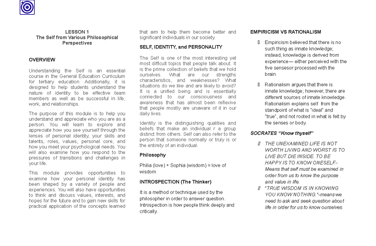 Handout UTS Prelim Lesson 3 - LESSON 1 The Self from Various ...