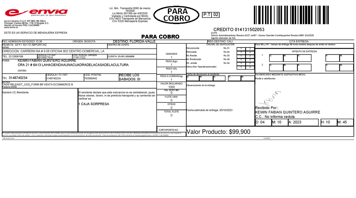 014131502053 Envía Colvanes Sa Nit 800185 4principal Carrera 88 No 17b 10 Bogotá D 9178