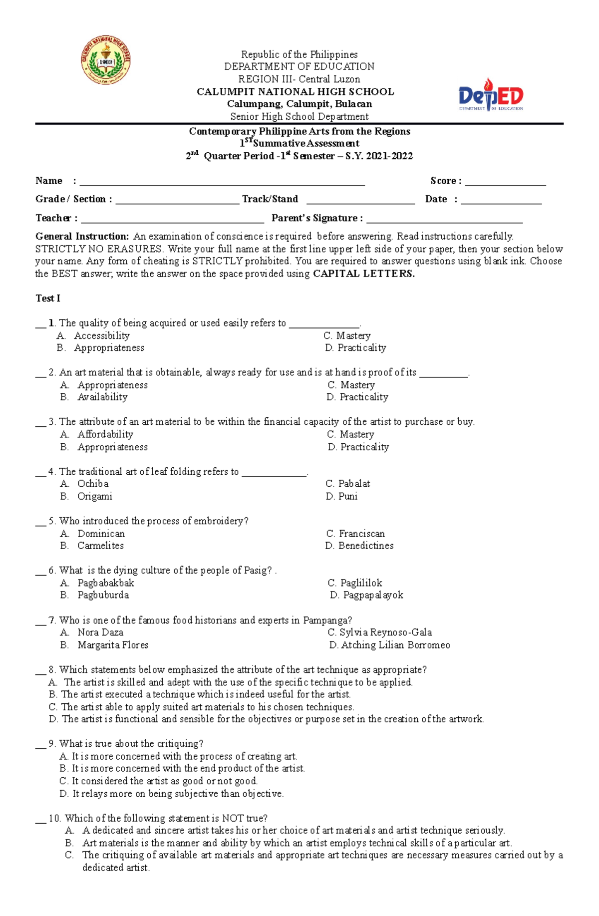 Summative-Test Q2 - 2021 - Republic of the Philippines DEPARTMENT OF ...