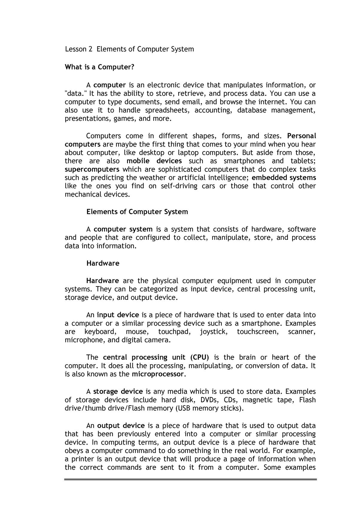 Mod1 L2 - Lecture - Lesson 2 Elements Of Computer System What Is A 