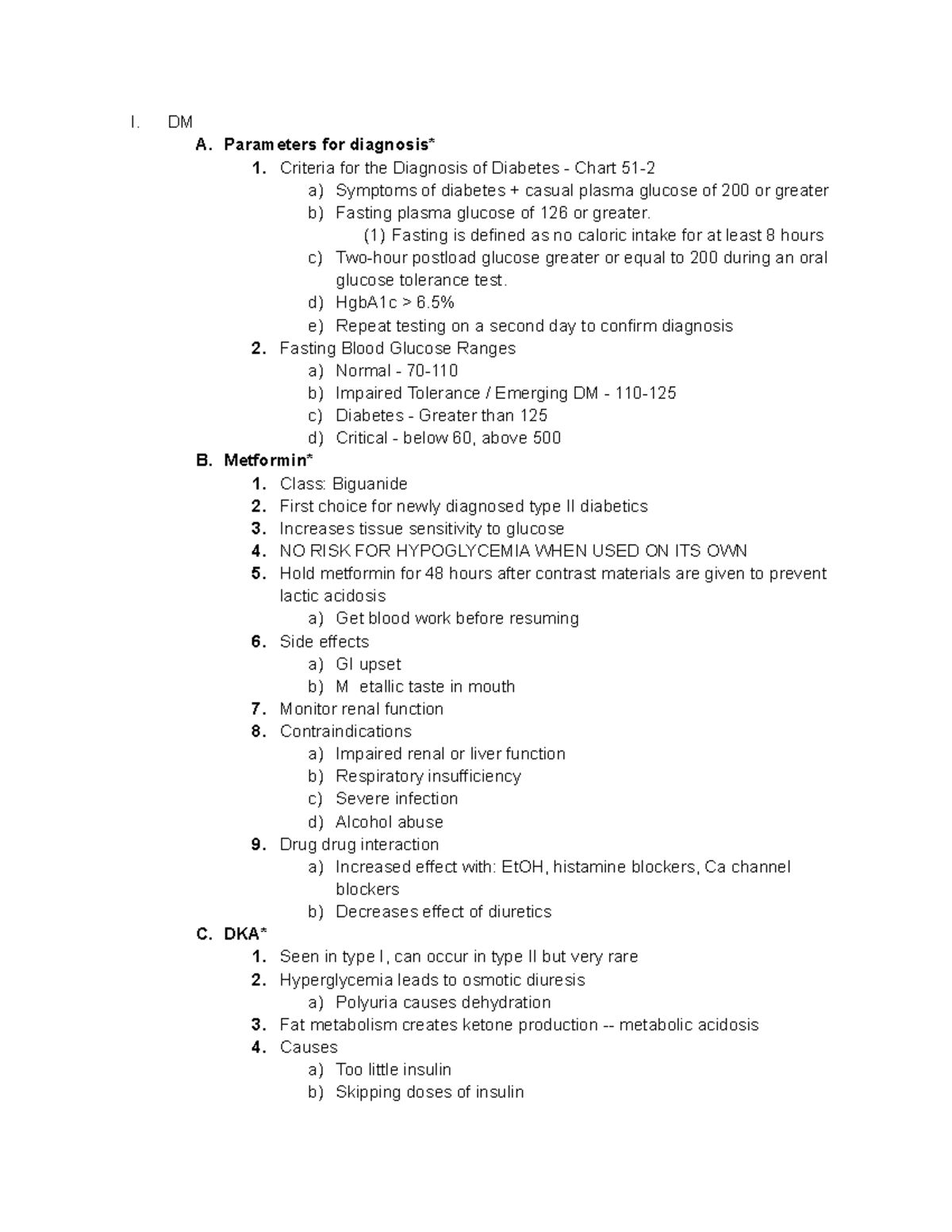 Test III focused rough outline - I. DM A. Parameters for diagnosis* 1 ...