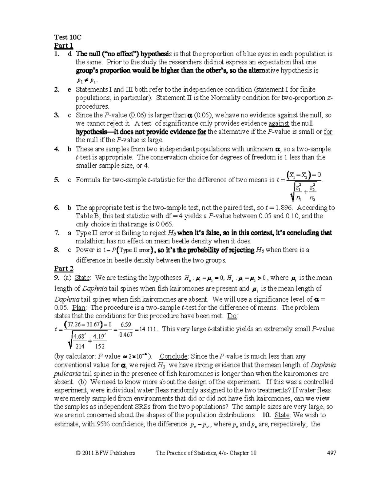 Ch 10 Pt Key Notes © 2011 Bfw Publishers The Practice Of Statistics