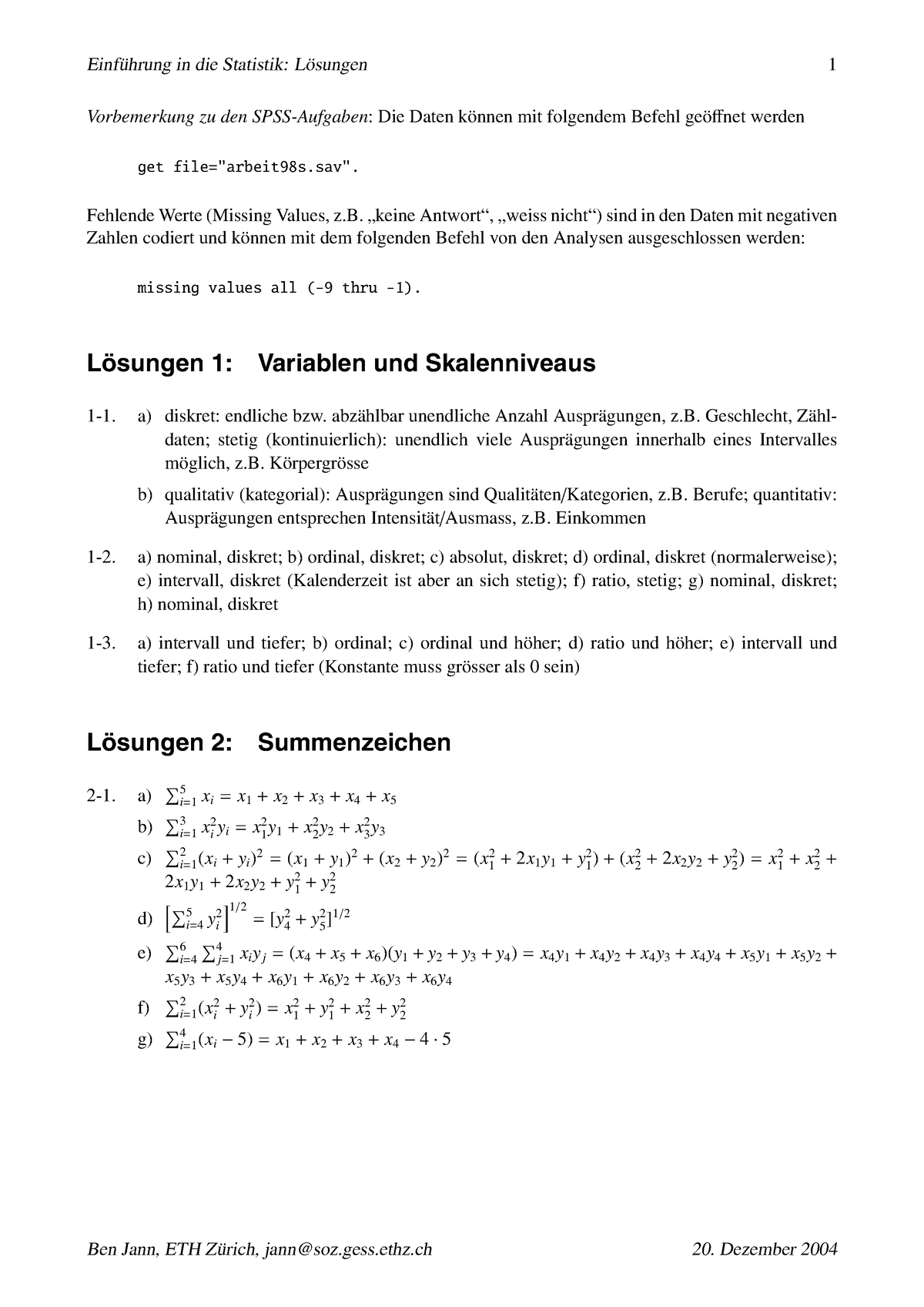 Jann LÃ¶sungen - Lösungen Statistik - Vorbemerkung Zu Den SPSS-Aufgaben ...