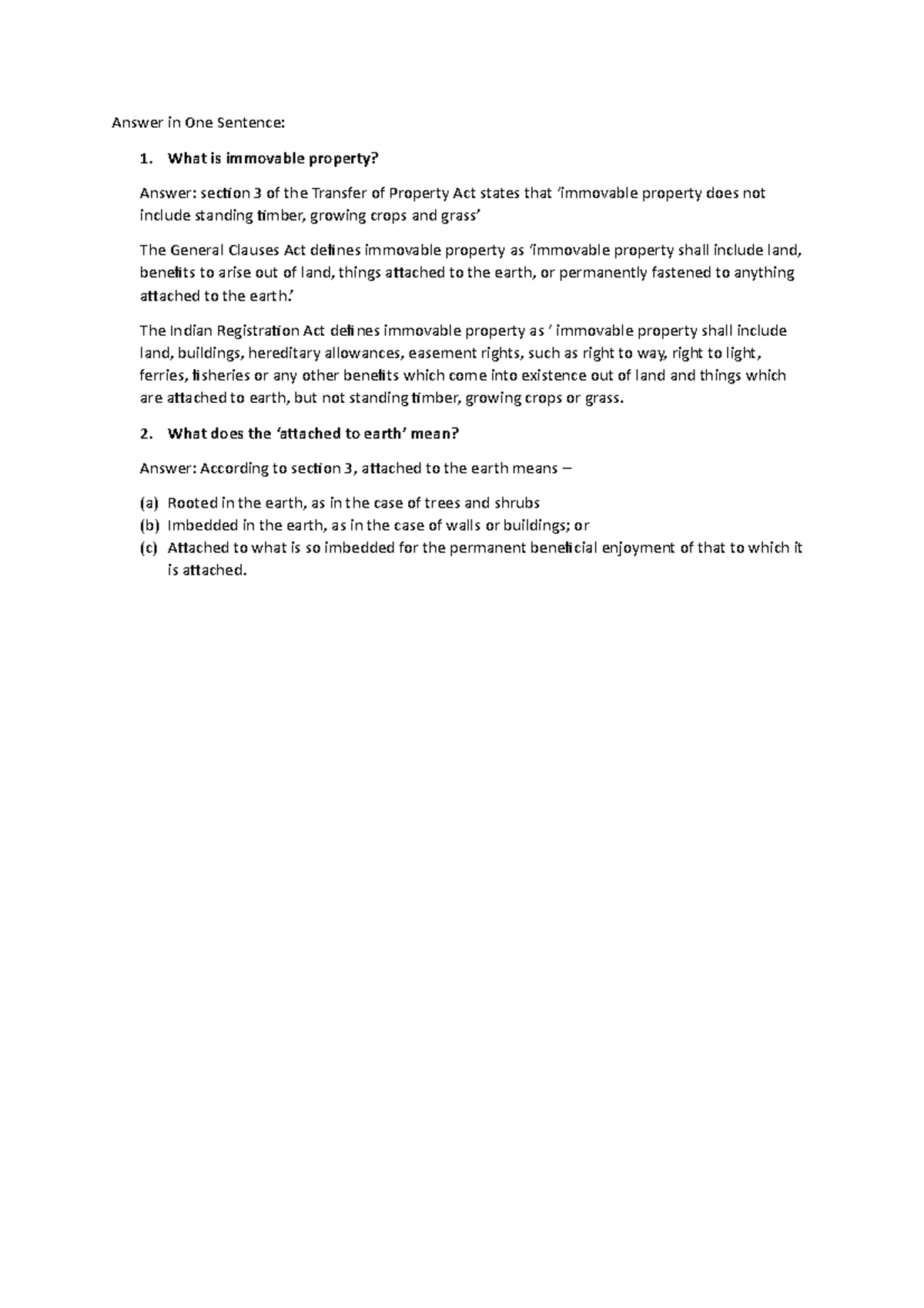 Solved Paper Hand Written Notes Answer In One Sentence What Is Immovable Property Answer 