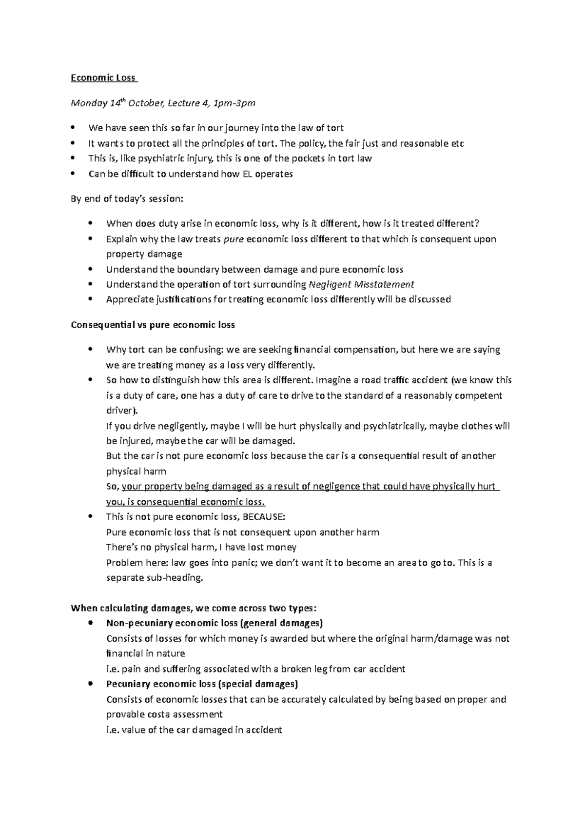 Tort law, lecture 4, economic loss - Economic Loss Monday 14th October ...