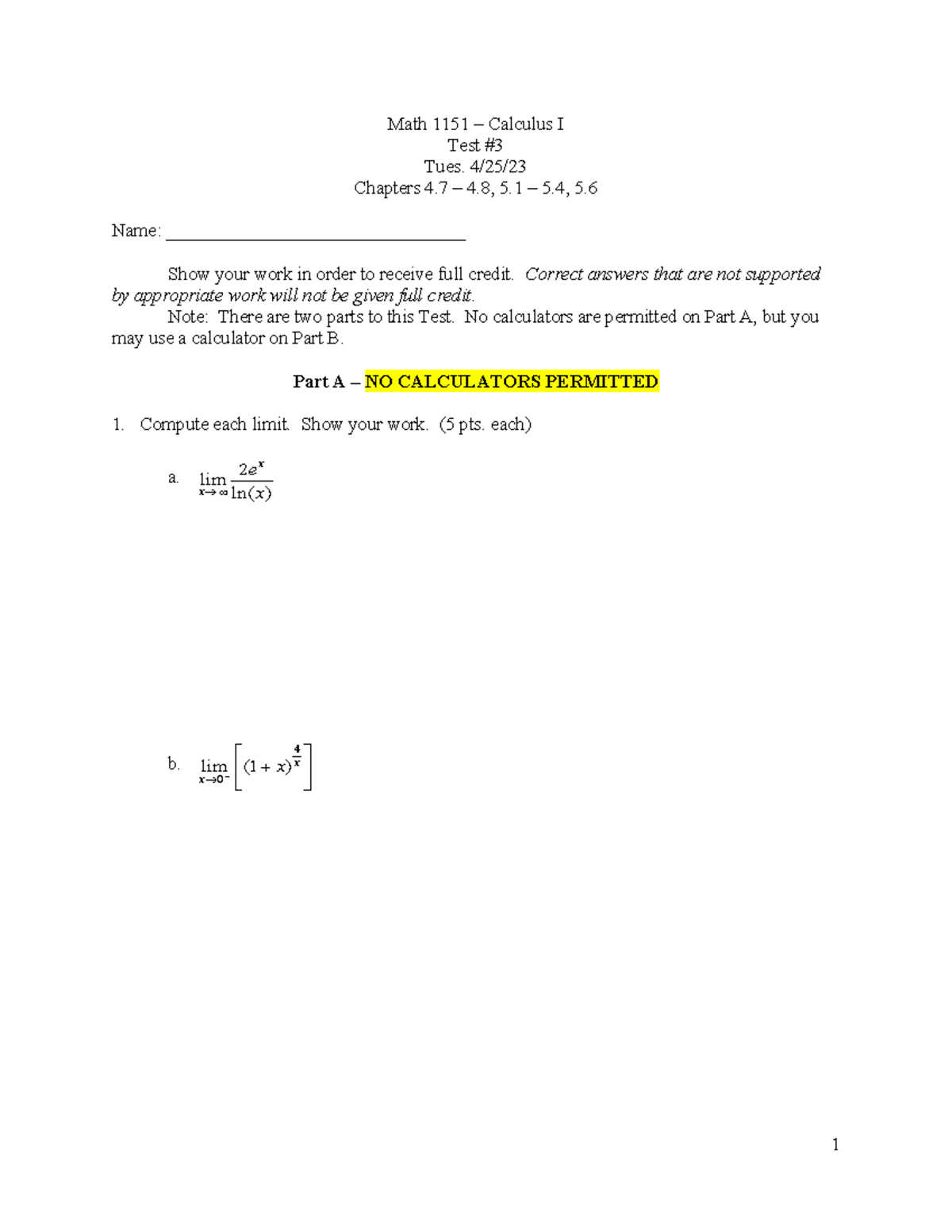 Test 3 - Practice For Calculus 1 Final Exam. - Math 1151 – Calculus I ...